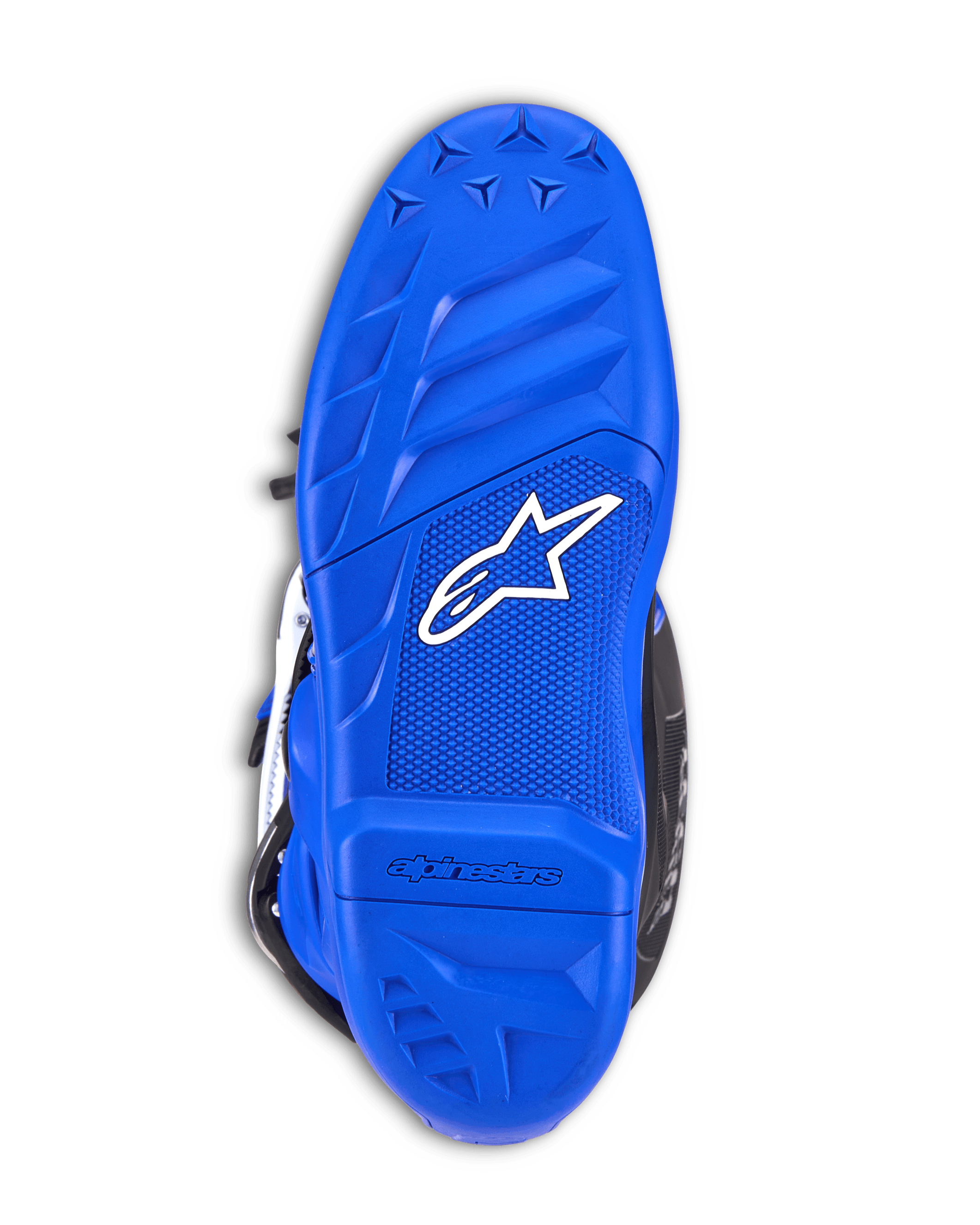 Alpinestars Youth Tech 7 S laarzen, motorcrosslaarzen, blauwe zool met wit Alpinestars-logo, rubberen grippatroon met textuur, duurzame buitenzool ontworpen voor off-road tractie en controle op de voetsteunen