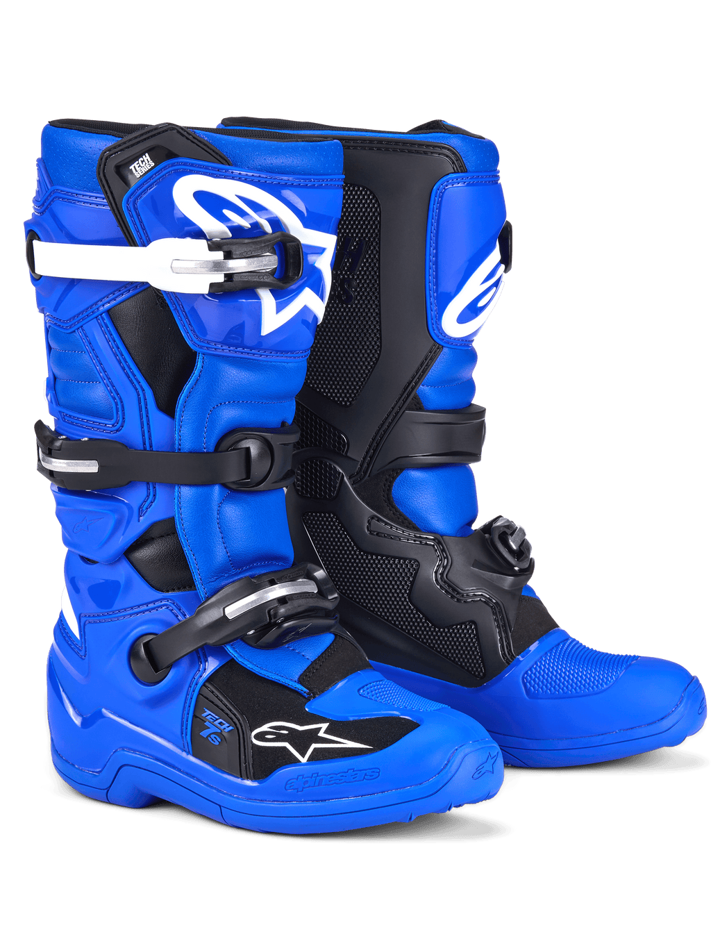 Alpinestars Youth Tech 7 S laarzen, motorcrosslaarzen, blauw, zwart en wit, met een felblauw bovenwerk met zwarte beschermingspanelen en witte gespaccenten, sluitingssysteem met meerdere banden, duurzaam racing-spec ontwerp voor off-road rijden