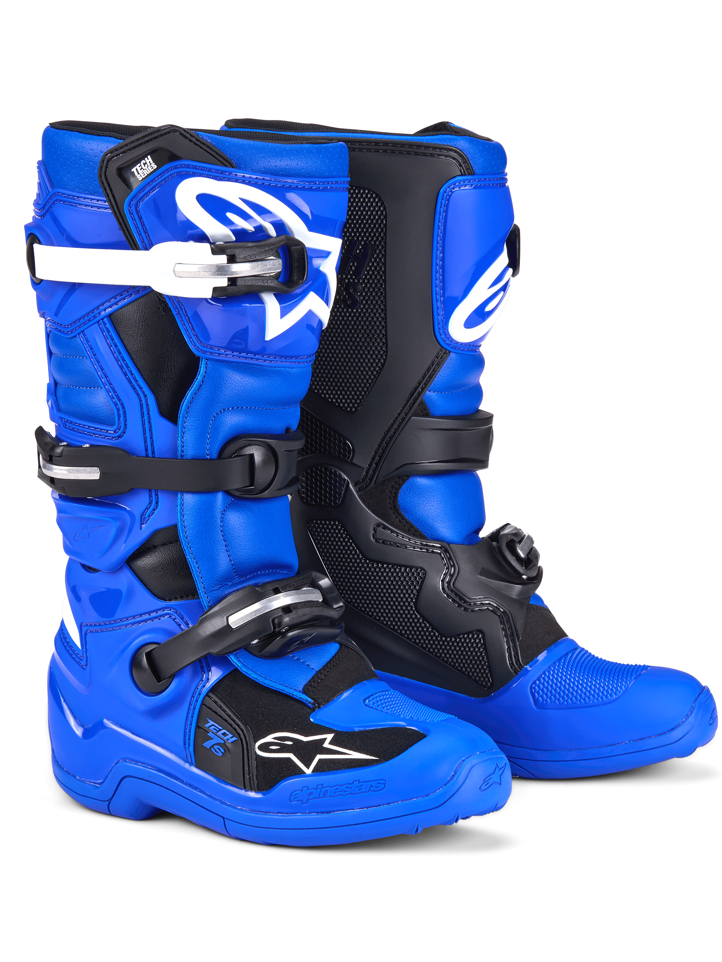 Alpinestars Youth Tech 7 S laarzen, motorcrosslaarzen, blauw, zwart en wit, met een felblauw bovenwerk met zwarte beschermingspanelen en witte gespaccenten, sluitingssysteem met meerdere banden, duurzaam racing-spec ontwerp voor off-road rijden