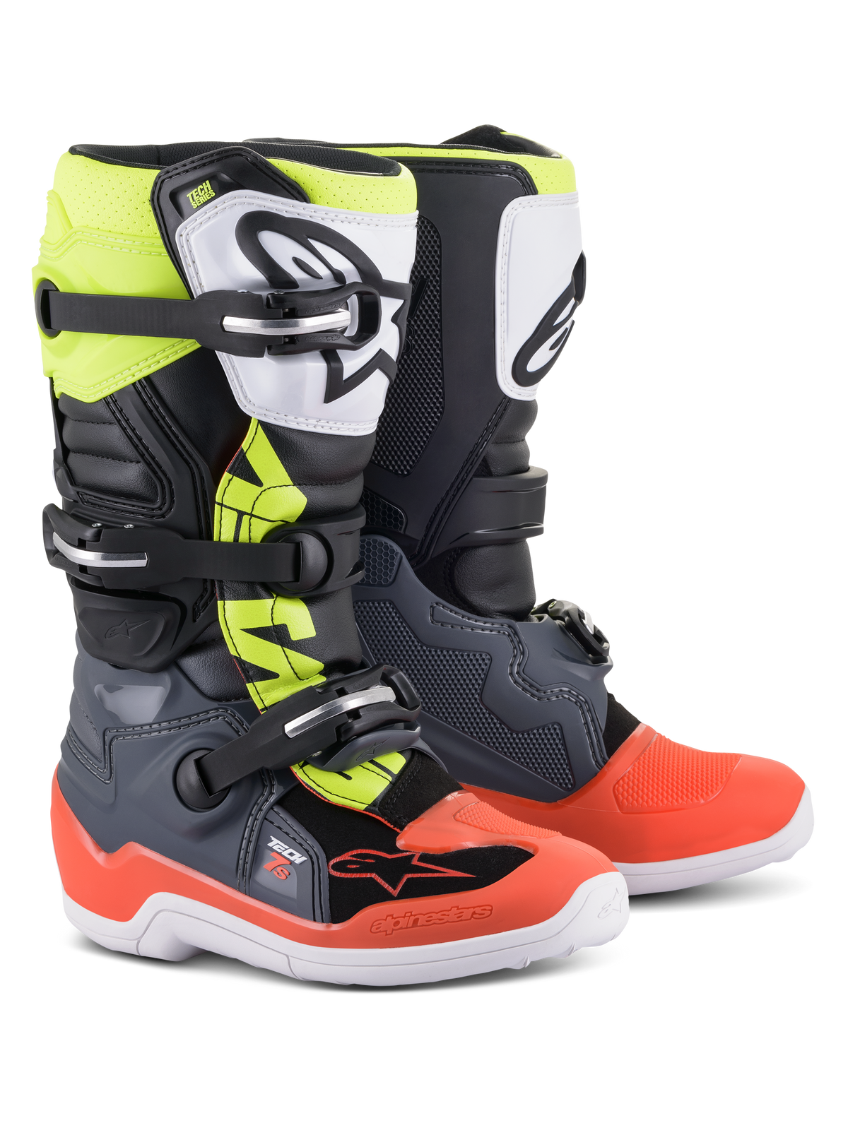 Alpinestars Youth Tech 7S laarzen, motorcrosslaarzen, donkergrijs met rode en fluorgele accenten, voorzien van een witte TPU-scheenplaat met zwart logo, drievoudig gespsluitingssysteem en een duurzame witte zool, ontworpen voor junior off-road rijders.