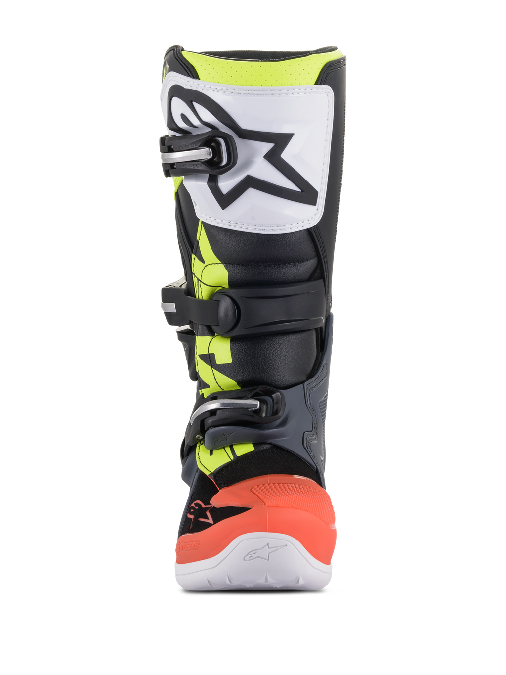 Alpinestars Youth Tech 7S laarzen, motorcrosslaarzen, donkergrijs, fluorescerend rood en geel met witte accenten, vooraanzicht met witte TPU-scheenplaat met zwart logo, drievoudig gespsluitsysteem en duurzame synthetische constructie voor junior off-road rijders