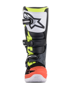 Alpinestars Youth Tech 7S laarzen, motorcrosslaarzen, donkergrijs, fluorescerend rood en geel met witte accenten, vooraanzicht met witte TPU-scheenplaat met zwart logo, drievoudig gespsluitsysteem en duurzame synthetische constructie voor junior off-road rijders