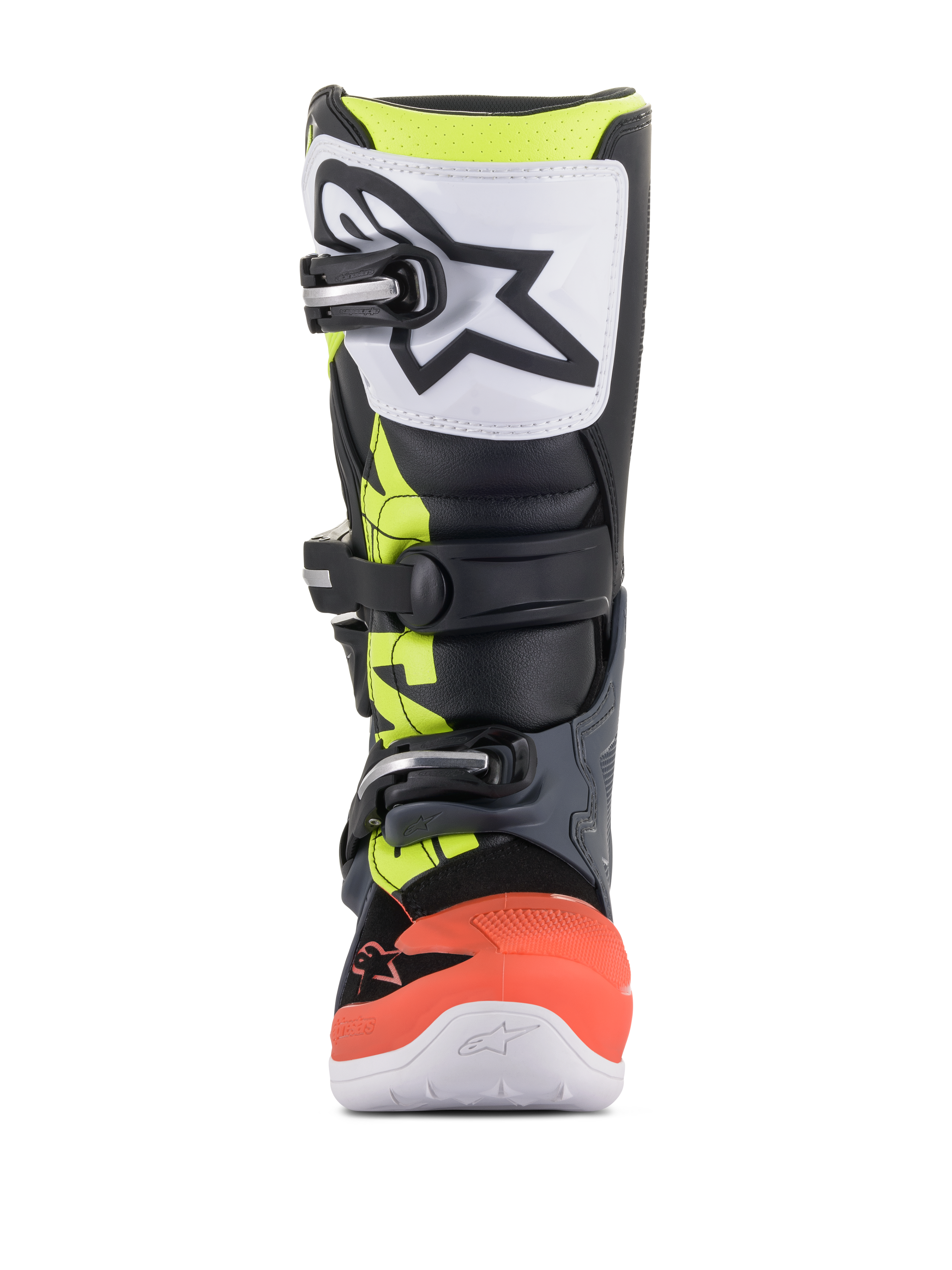 Alpinestars Youth Tech 7S laarzen, motorcrosslaarzen, donkergrijs, fluorescerend rood en geel met witte accenten, vooraanzicht met witte TPU-scheenplaat met zwart logo, drievoudig gespsluitsysteem en duurzame synthetische constructie voor junior off-road rijders