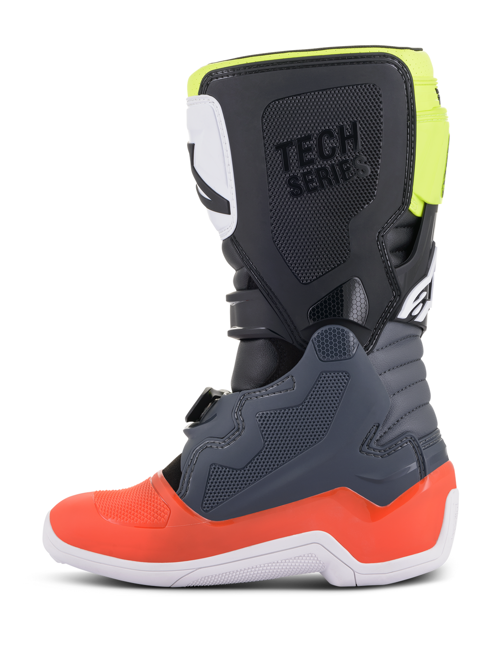 Alpinestars Youth Tech 7S laarzen, motocrosslaarzen, donkergrijs met rode en fluorescerend gele accenten, zijaanzicht, witte zool, 'TECH SERIES' branding en duurzame TPU-beschermingspanelen.