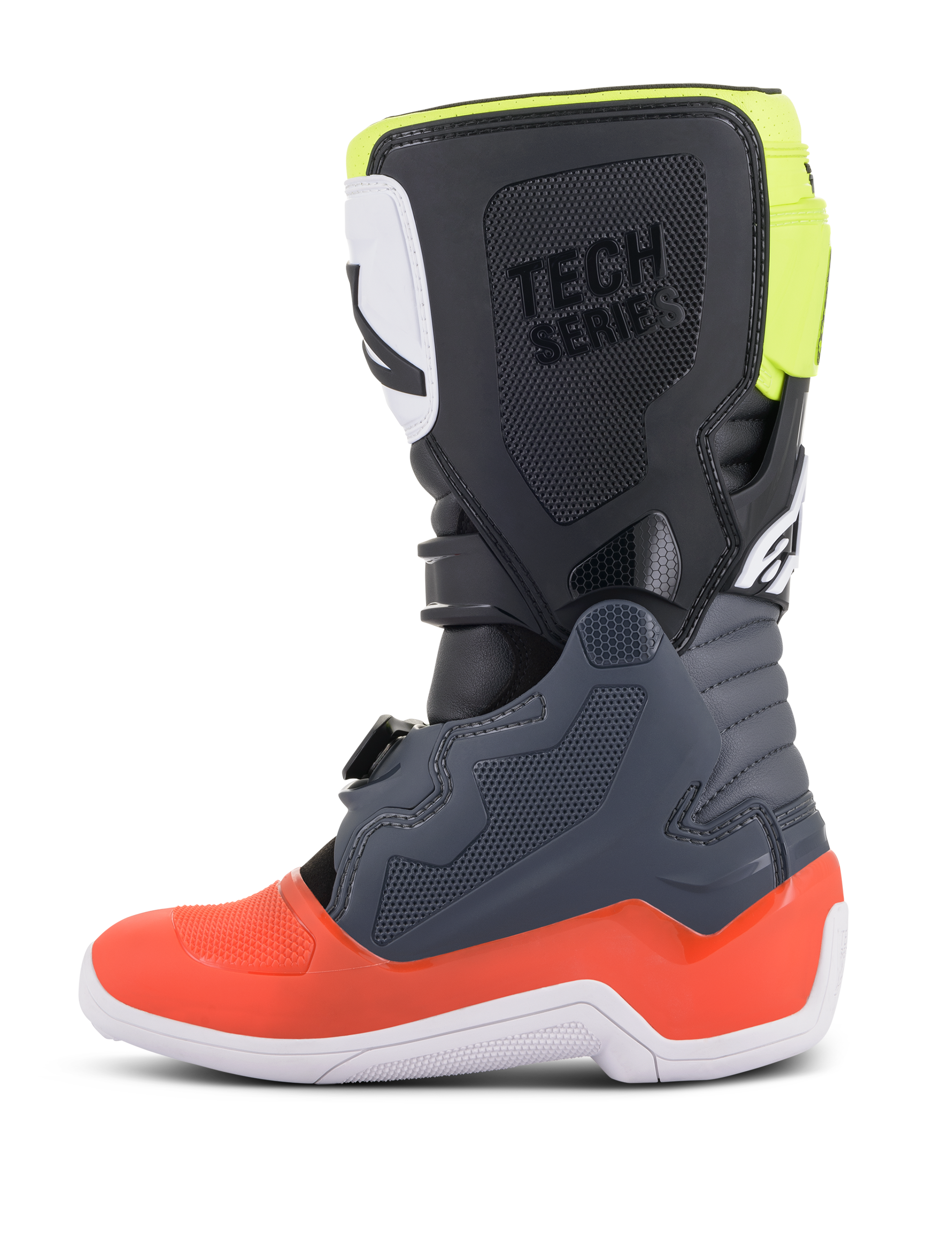Alpinestars Youth Tech 7S laarzen, motocrosslaarzen, donkergrijs met rode en fluorescerend gele accenten, zijaanzicht, witte zool, 'TECH SERIES' branding en duurzame TPU-beschermingspanelen.