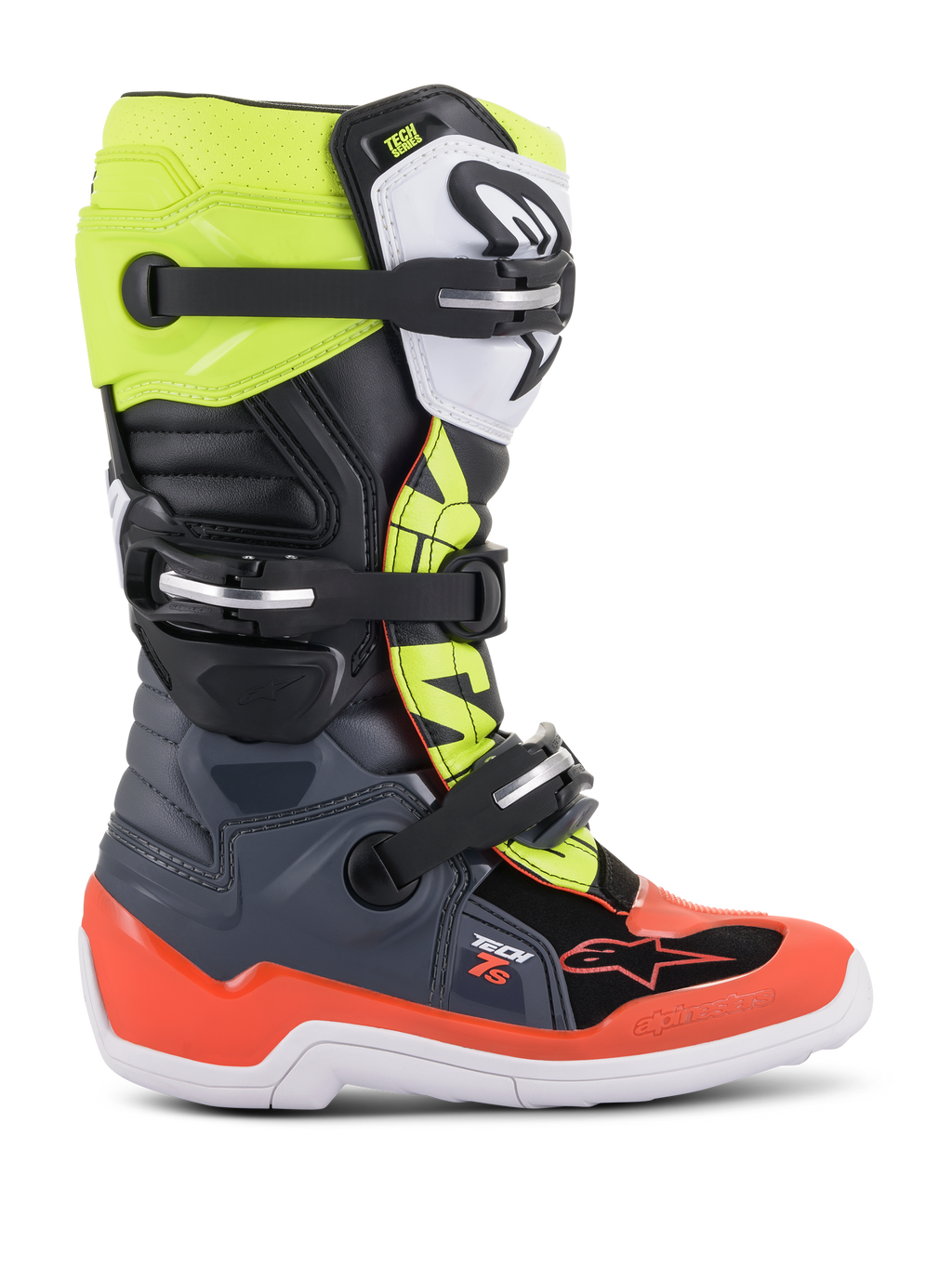 Alpinestars Youth Tech 7S motorlaarzen, motorcross off-road laarzen, donkergrijs, fluo rood en fluo geel, met witte zool en meerdere gespsluitingen, robuuste constructie voor junior rijders