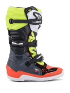Alpinestars Youth Tech 7S motorlaarzen, motorcross off-road laarzen, donkergrijs, fluo rood en fluo geel, met witte zool en meerdere gespsluitingen, robuuste constructie voor junior rijders