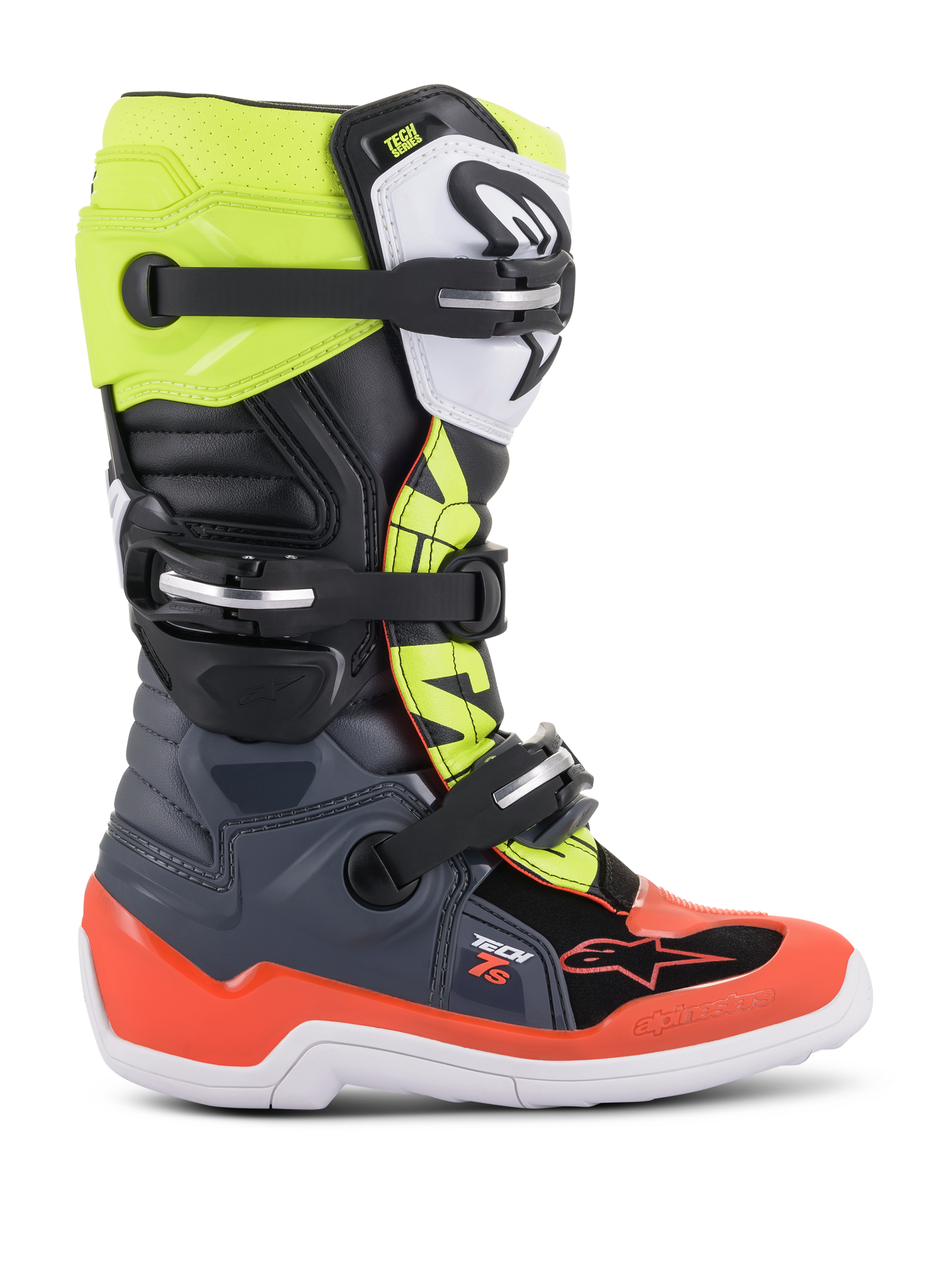 Alpinestars Youth Tech 7S motorlaarzen, motorcross off-road laarzen, donkergrijs, fluo rood en fluo geel, met witte zool en meerdere gespsluitingen, robuuste constructie voor junior rijders