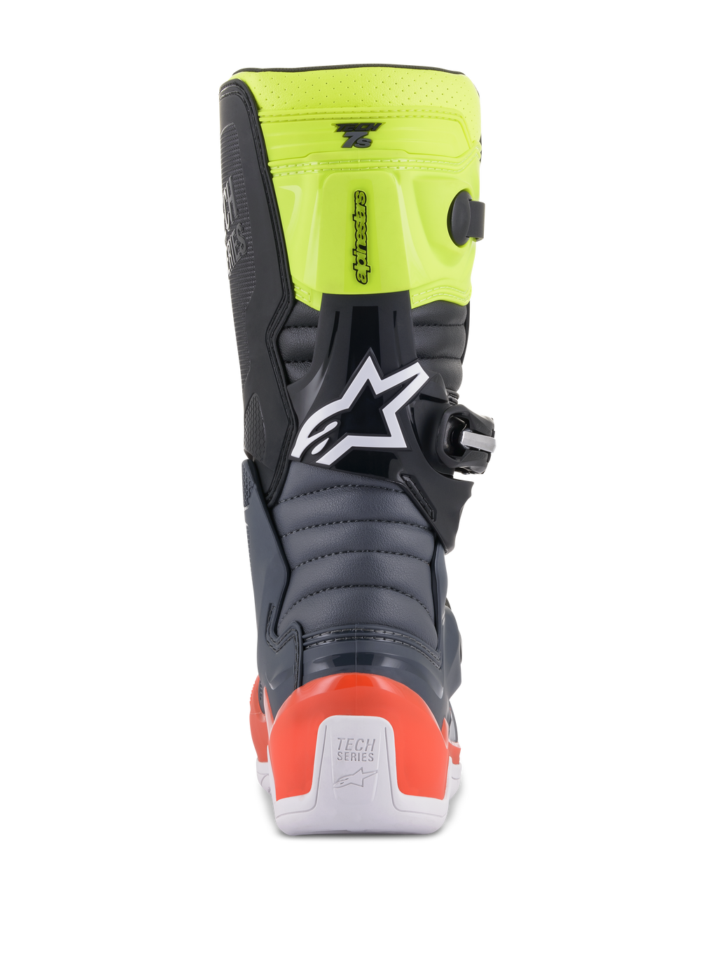 Alpinestars Youth Tech 7S laarzen, jeugd motocrosslaarzen, donkergrijs, fluorescerend rood en fluorescerend geel, achteraanzicht met accordeon flexzones, rode hielbeschermer en wit Alpinestars-logo