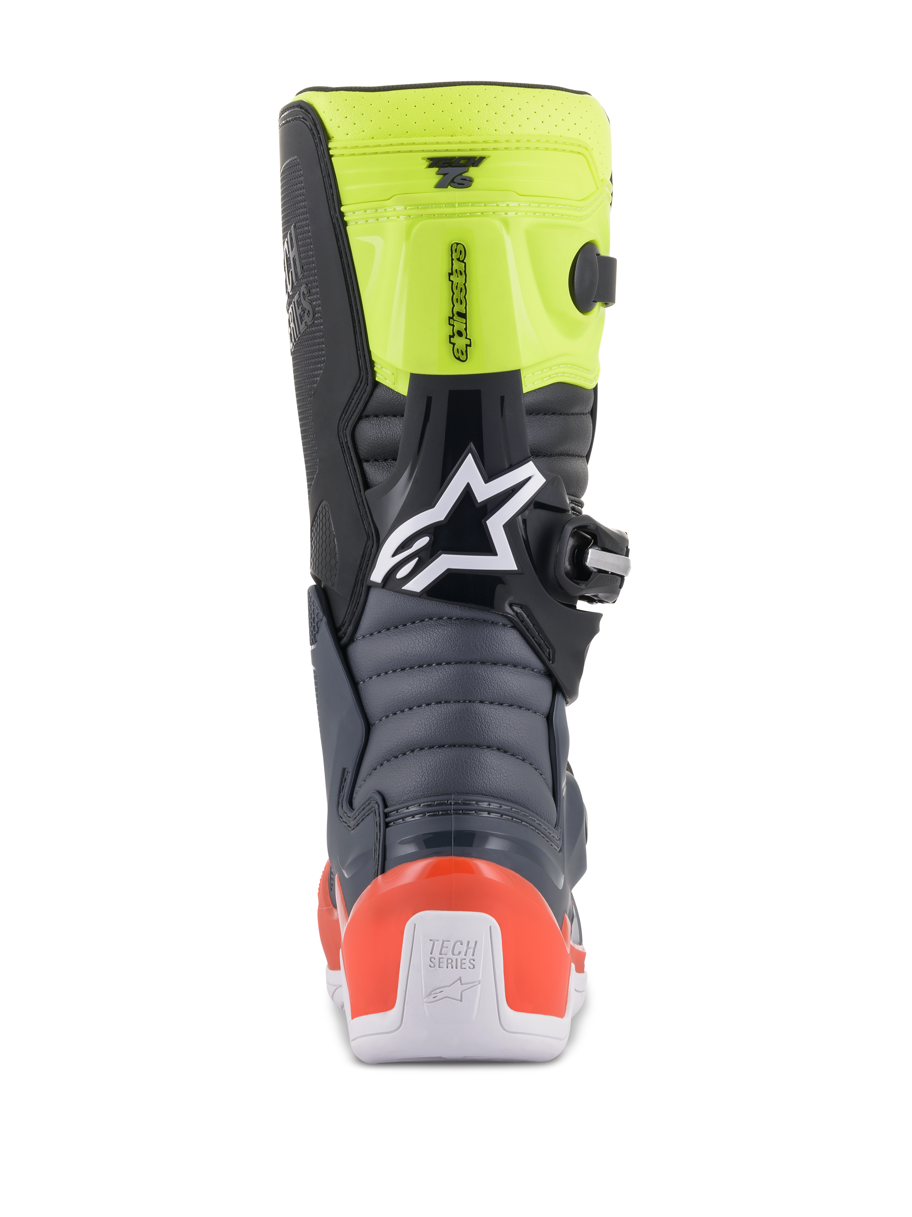Alpinestars Youth Tech 7S laarzen, jeugd motocrosslaarzen, donkergrijs, fluorescerend rood en fluorescerend geel, achteraanzicht met accordeon flexzones, rode hielbeschermer en wit Alpinestars-logo