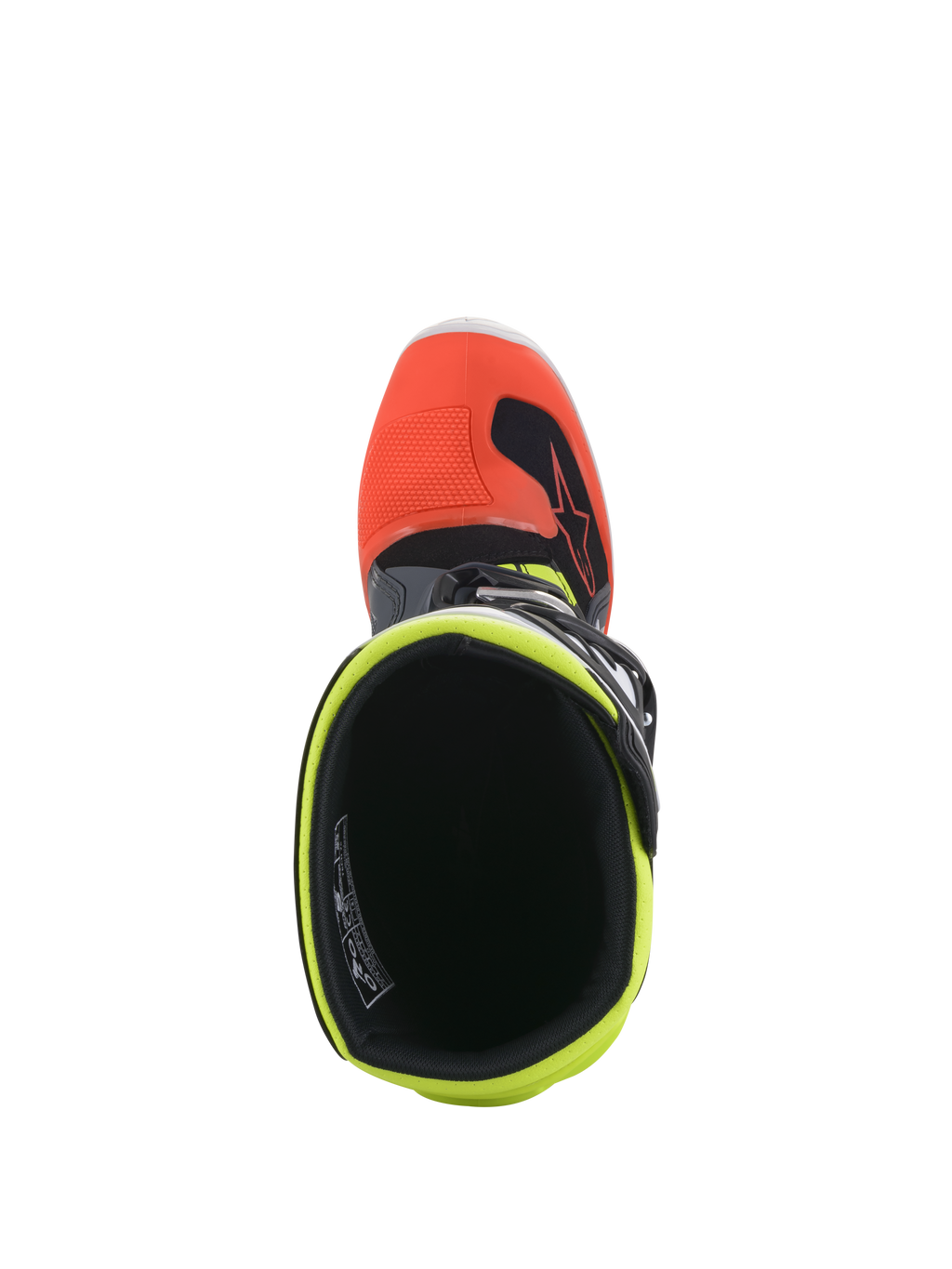 Alpinestars Youth Tech 7S laarzen, motorcrosslaarzen, donkergrijs met rode en fluorescerend gele accenten, bovenaanzicht van de binnenopening met fluorescerend gele voering en rode neuskap, ontworpen voor off-road racen voor de jeugd.
