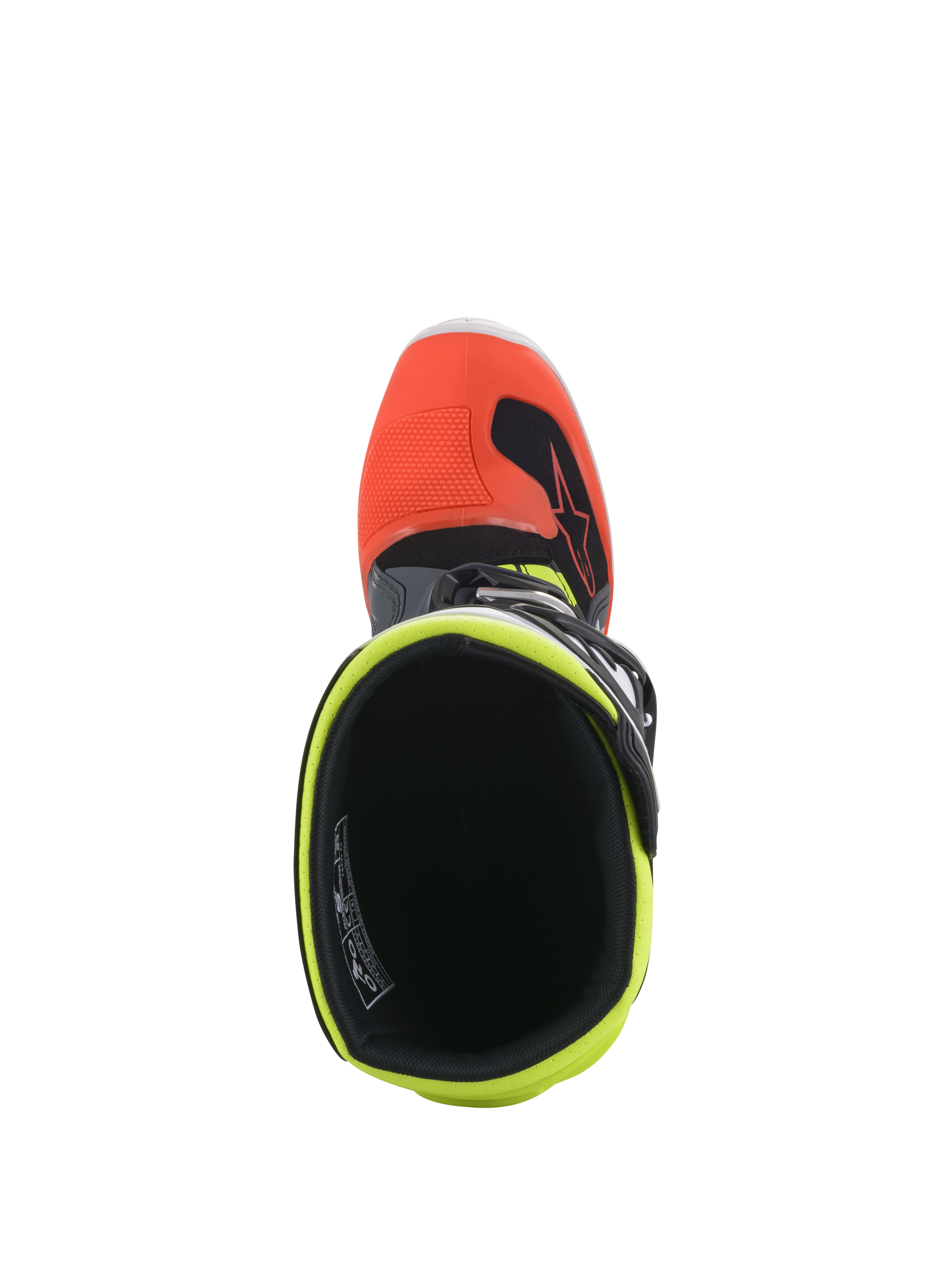Alpinestars Youth Tech 7S laarzen, motorcrosslaarzen, donkergrijs met rode en fluorescerend gele accenten, bovenaanzicht van de binnenopening met fluorescerend gele voering en rode neuskap, ontworpen voor off-road racen voor de jeugd.