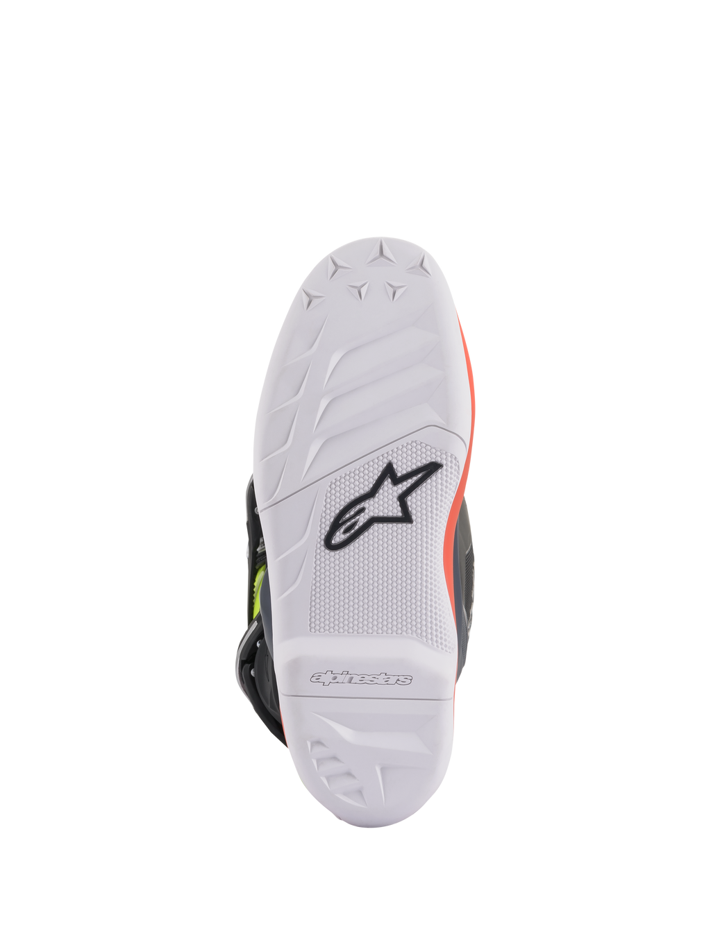 Alpinestars Youth Tech 7S laarzen, motorcross laarzen, donkergrijs met fluorescerend rood en fluorescerend geel, onderaanzicht van de zool met witte rubberen zool met hoge grip en zwart Astars-logo, duurzame constructie voor off-road rijden