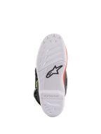 Alpinestars Youth Tech 7S laarzen, motorcross laarzen, donkergrijs met fluorescerend rood en fluorescerend geel, onderaanzicht van de zool met witte rubberen zool met hoge grip en zwart Astars-logo, duurzame constructie voor off-road rijden
