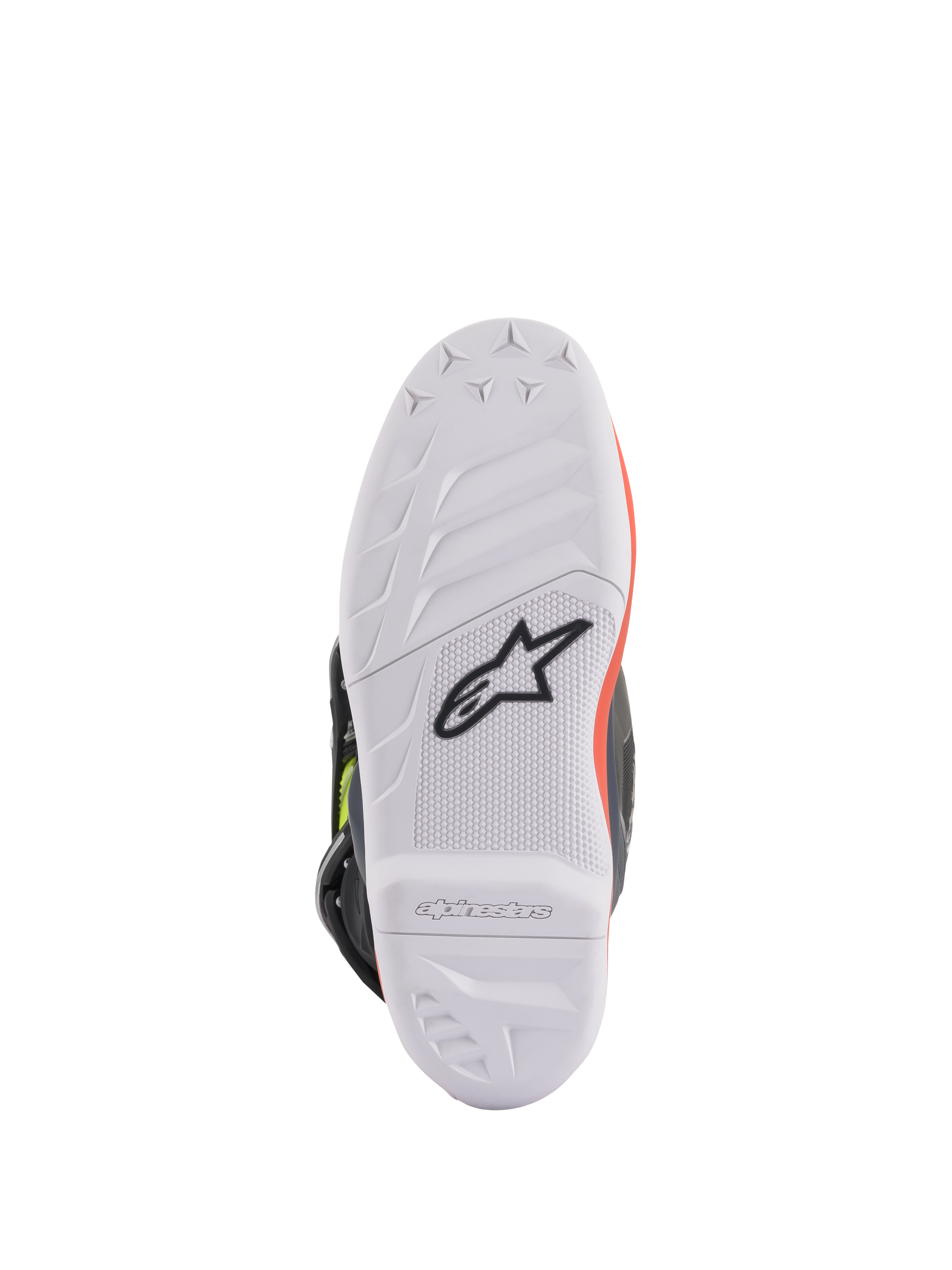 Alpinestars Youth Tech 7S laarzen, motorcross laarzen, donkergrijs met fluorescerend rood en fluorescerend geel, onderaanzicht van de zool met witte rubberen zool met hoge grip en zwart Astars-logo, duurzame constructie voor off-road rijden