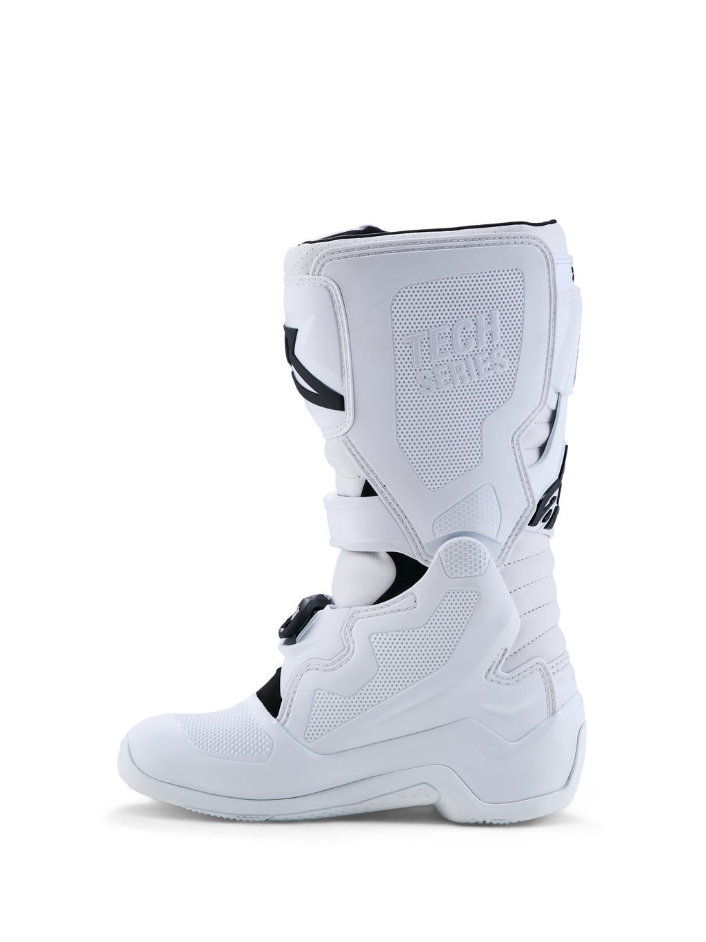 Alpinestars Jeugd Tech 7S laarzen, witte motorcrosslaarzen met TPU-scheenbescherming, ontworpen voor junior off-road racing.