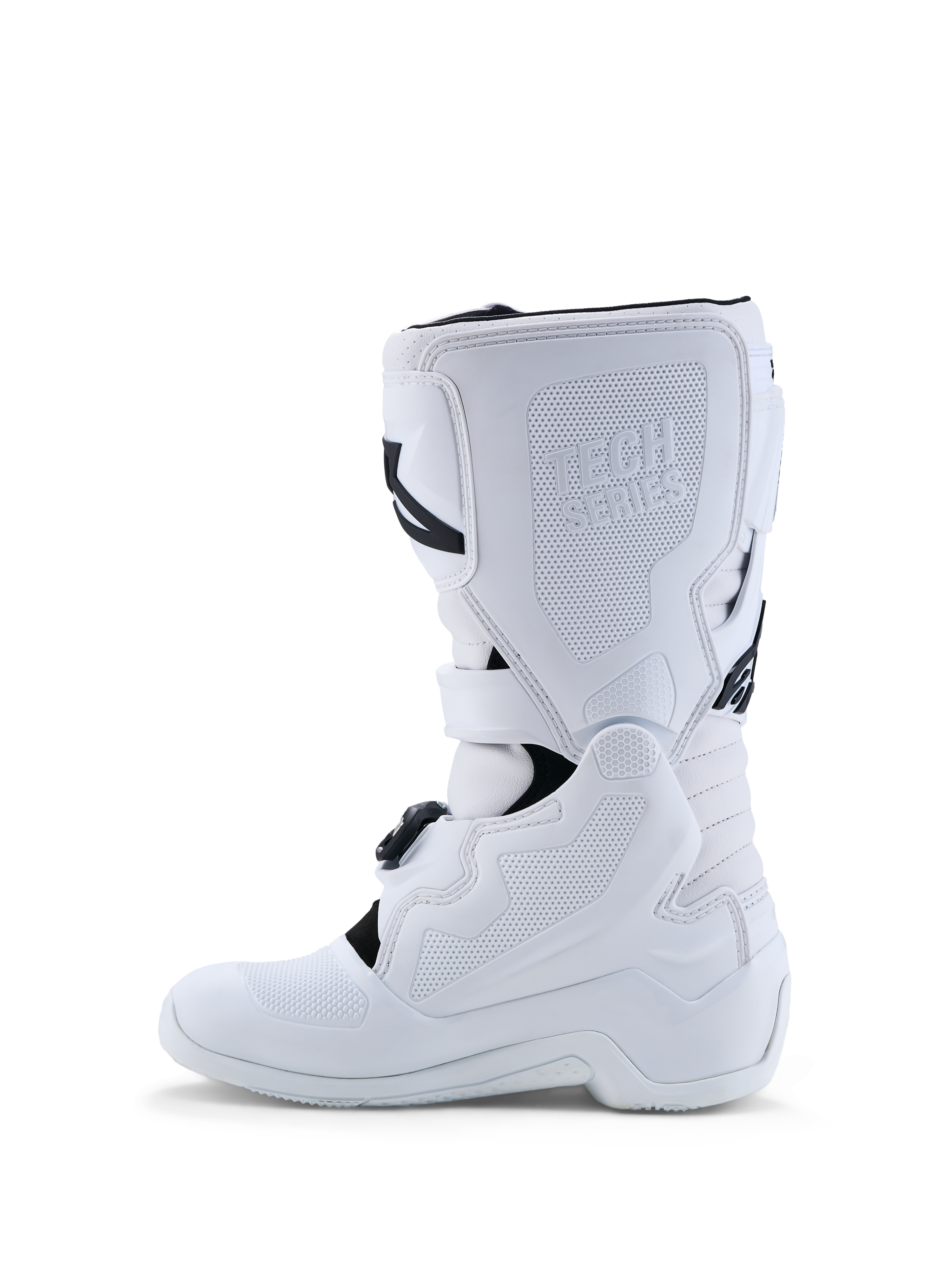 Alpinestars Jeugd Tech 7S laarzen, witte motorcrosslaarzen met TPU-scheenbescherming, ontworpen voor junior off-road racing.