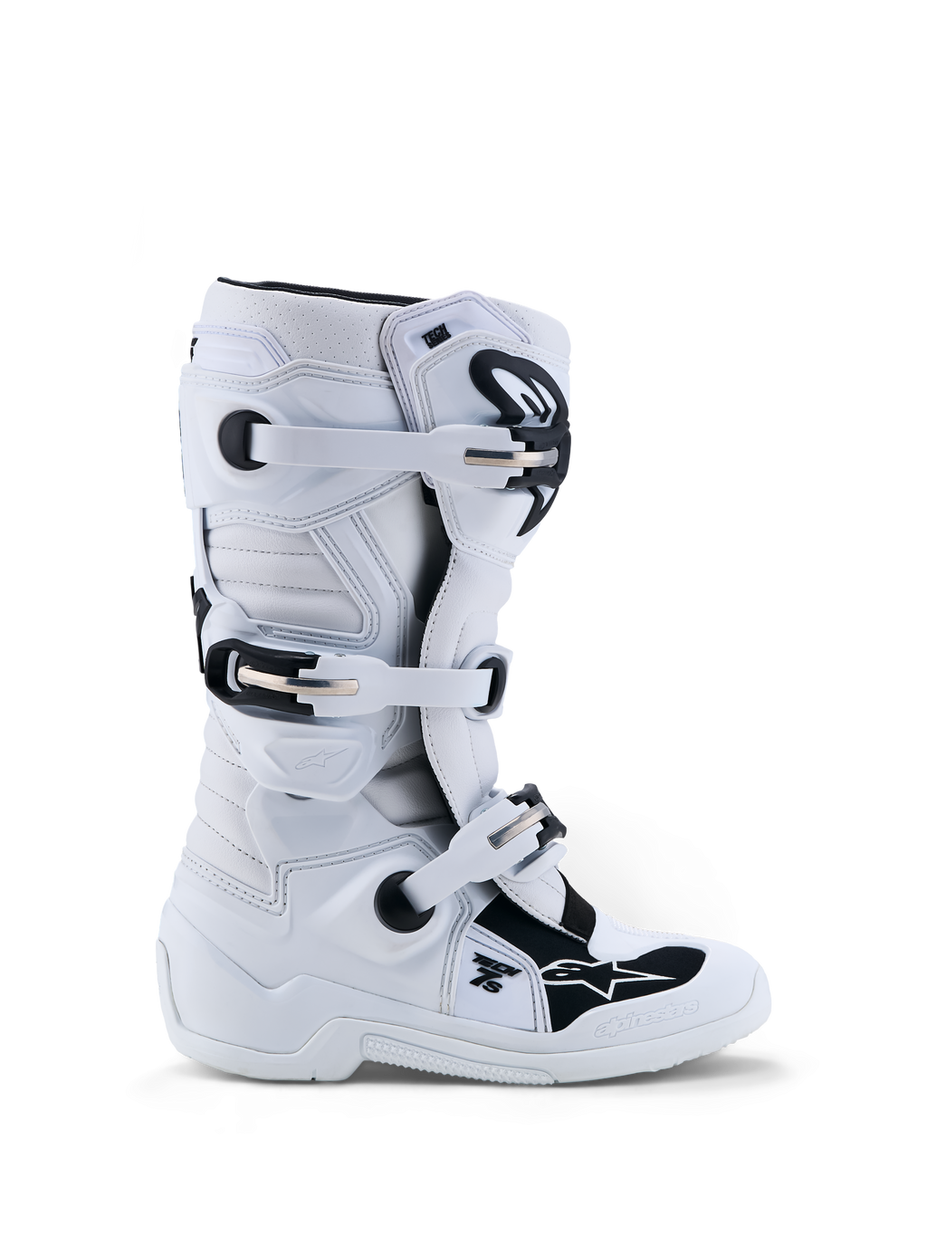 Alpinestars Jeugd Tech 7S laarzen, motorcrosslaarzen, wit en zwart, synthetische constructie met TPU-bescherming.