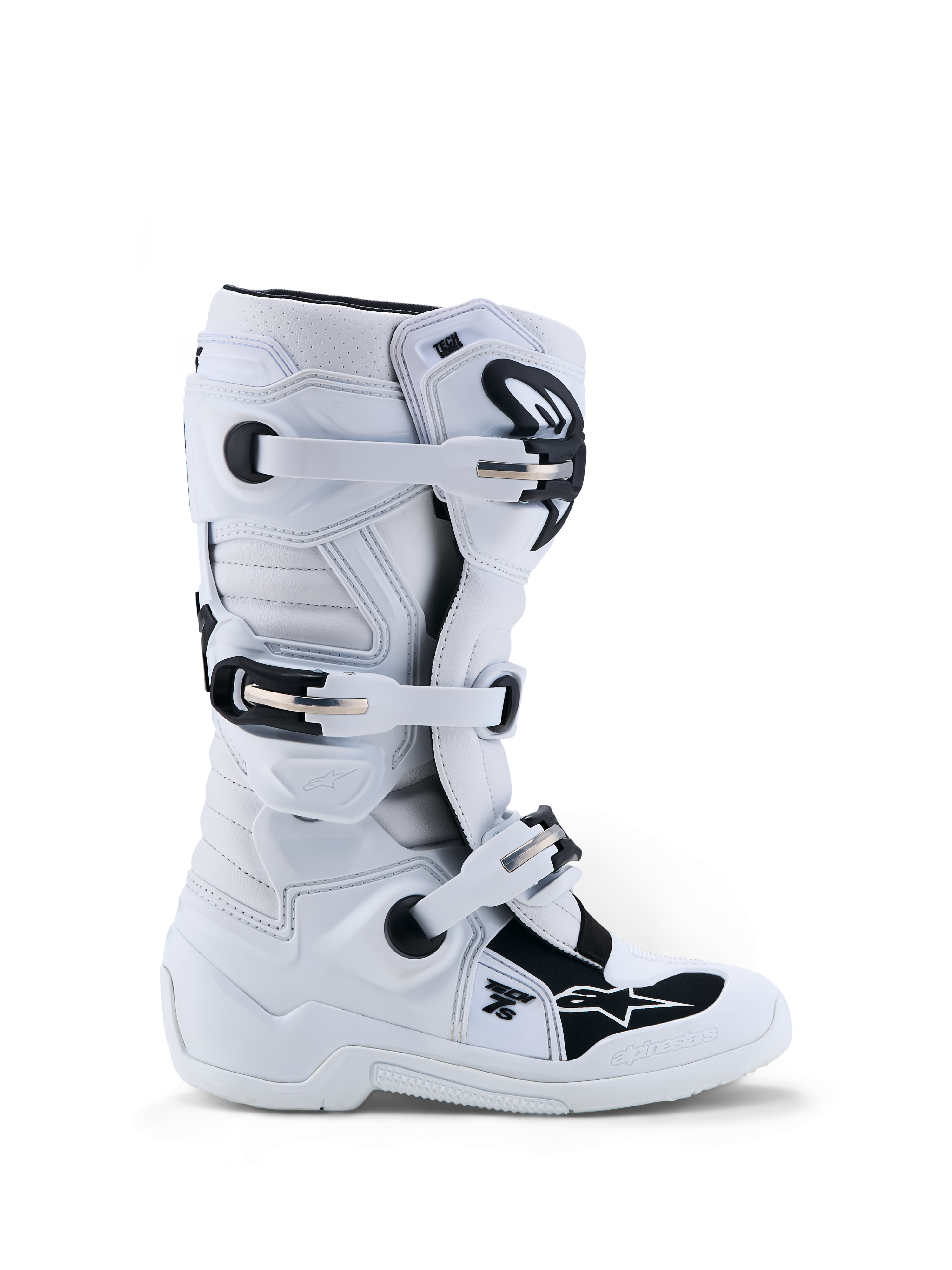 Alpinestars Jeugd Tech 7S laarzen, motorcrosslaarzen, wit en zwart, synthetische constructie met TPU-bescherming.