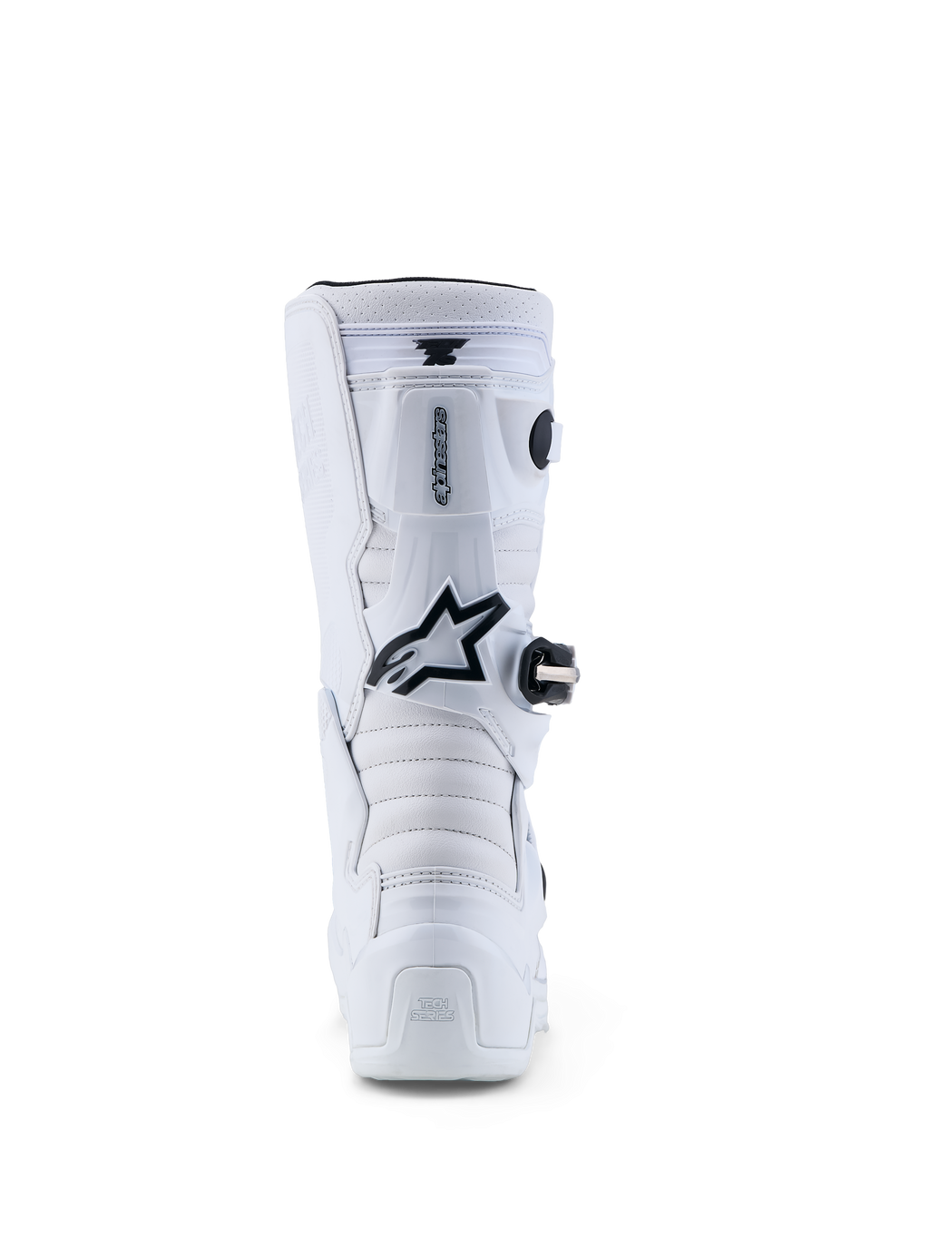 Alpinestars Jeugd Tech 7S motocrosslaarzen in wit en zwart, achteraanzicht met TPU-bescherming en draaisysteem voor mobiliteit.