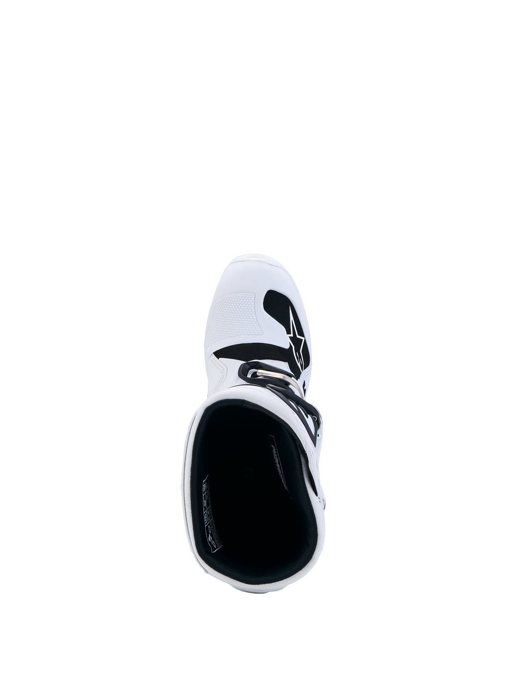 Alpinestars Jeugd Tech 7S laarzen, witte motorcrosslaarzen, bovenaanzicht met zwarte binnenvoering en TPU scheenplaat.