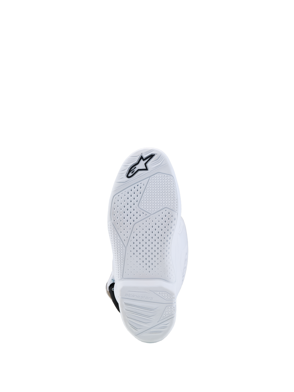 Alpinestars Jeugd Tech 7S laarzen, witte samengestelde zool met getextureerd grippatroon en zwart sterlogo, duurzame motocrosslaarzen voor jeugdrijders.