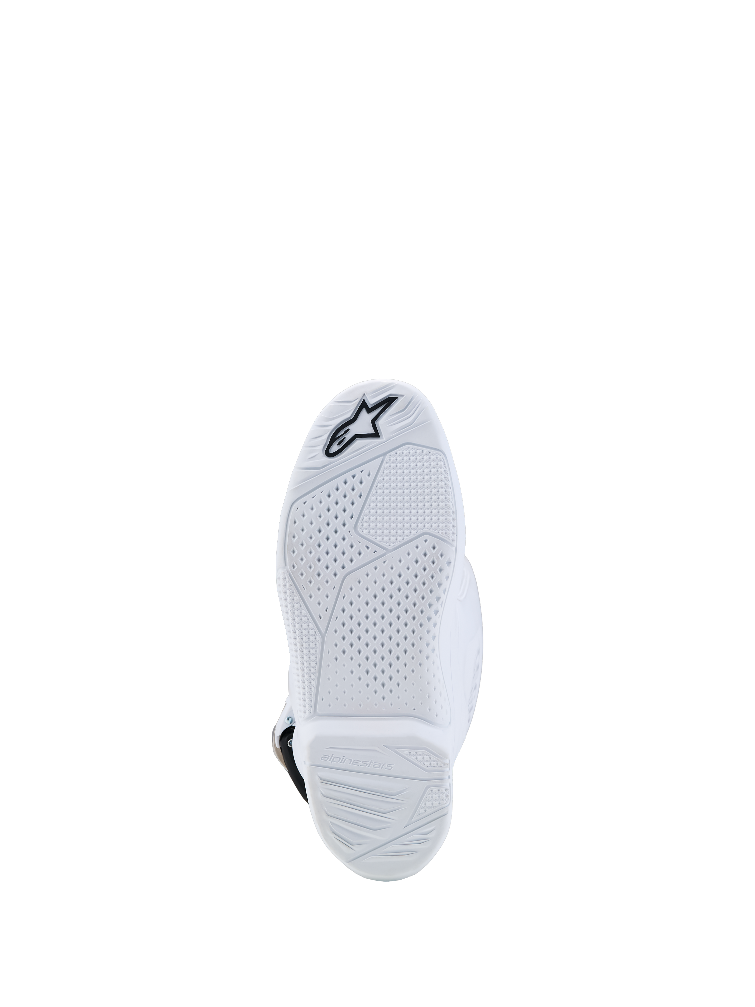 Alpinestars Jeugd Tech 7S laarzen, witte samengestelde zool met getextureerd grippatroon en zwart sterlogo, duurzame motocrosslaarzen voor jeugdrijders.
