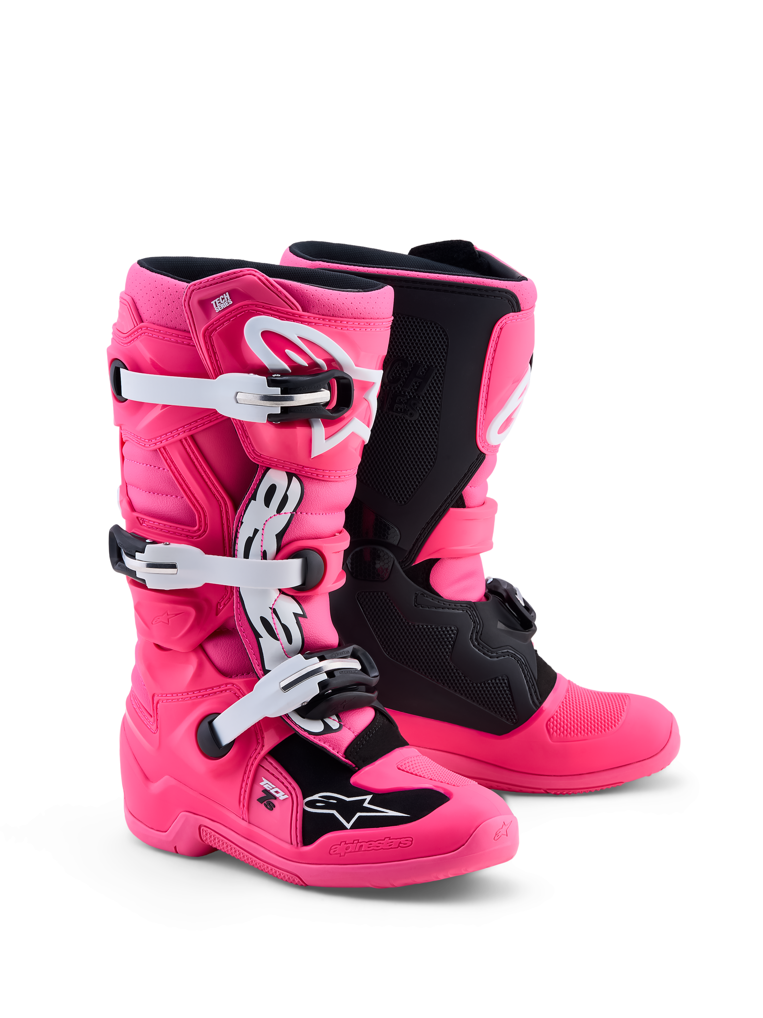 Alpinestars Jeugd Tech 7S laarzen, roze en zwarte motocrosslaarzen met TPU-bescherming, CE-gecertificeerd.