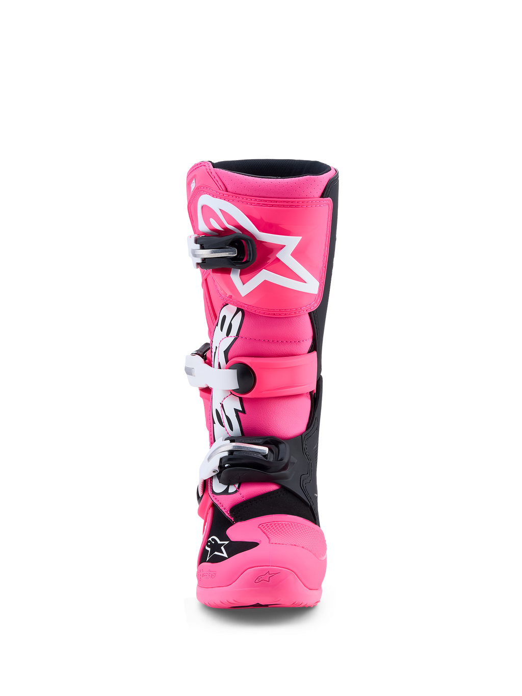 Alpinestars Jeugd Tech 7S laarzen, motocrosslaarzen voor kinderen, roze fluo en zwart, met TPU-scheenbeenbescherming en snelsluitingen.