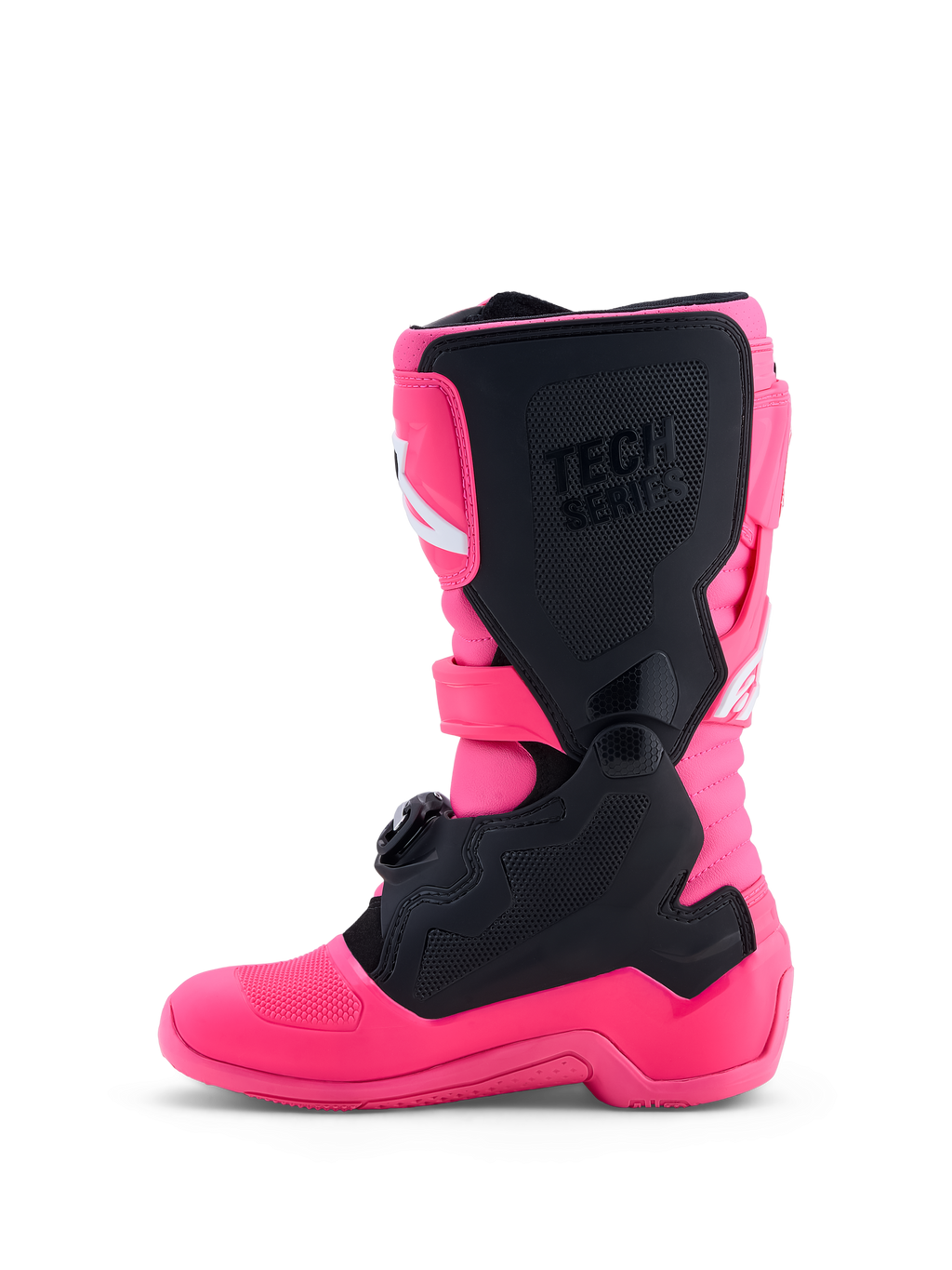 Alpinestars Jeugd Tech 7S laarzen, roze en zwarte motorcrosslaarzen met TPU-bescherming voor junioren.
