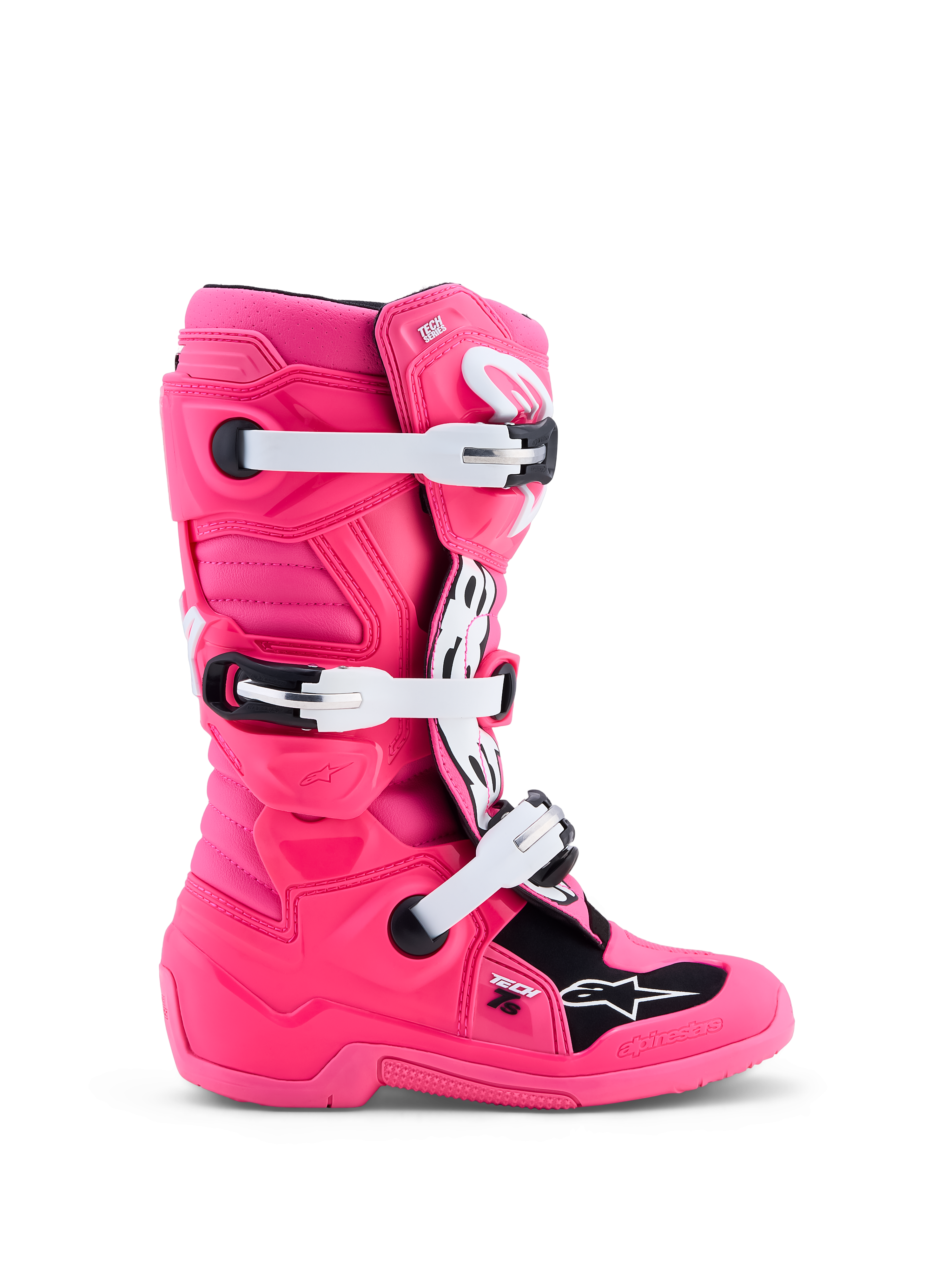 Alpinestars jeugd Tech 7S motorcrosslaarzen in roze en zwart met witte gespen en CE-gecertificeerde TPU-bescherming.