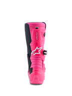 Alpinestars Jeugd Tech 7S motorcrosslaarzen in felroze en zwart, met TPU-bescherming en pivot-systeem, achteraanzicht.