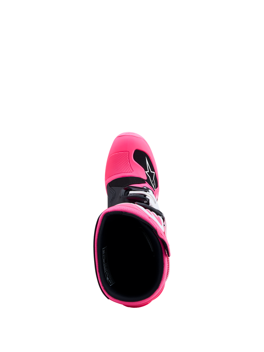 Alpinestars Jeugd Tech 7S laarzen, roze en zwarte motorcrosslaarzen, bovenaanzicht interieur en TPU-bescherming.