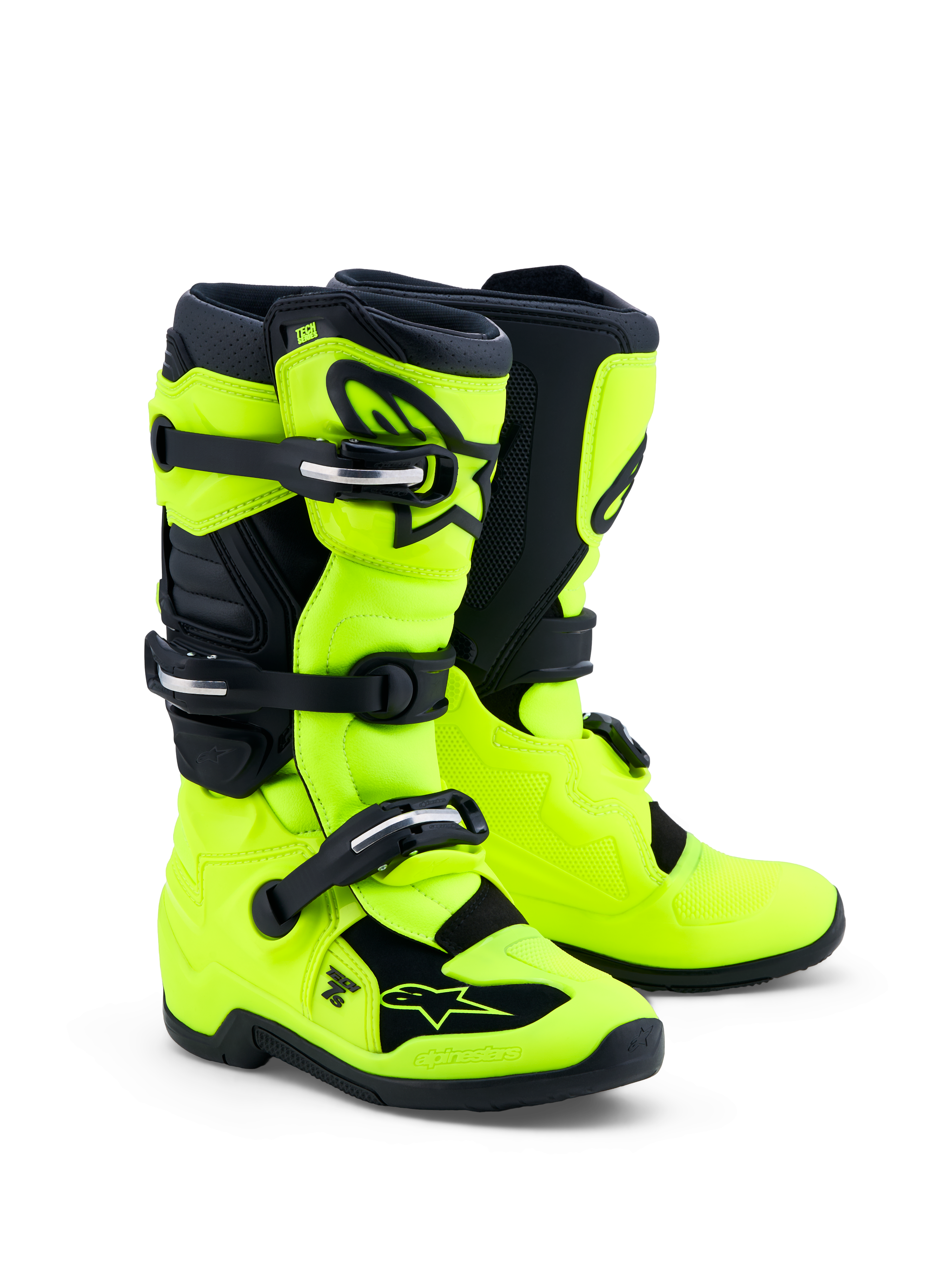 Alpinestars Jeugd Tech 7S motocrosslaarzen in fluogeel en zwart met TPU-bescherming en draaisysteem voor juniorrijders.