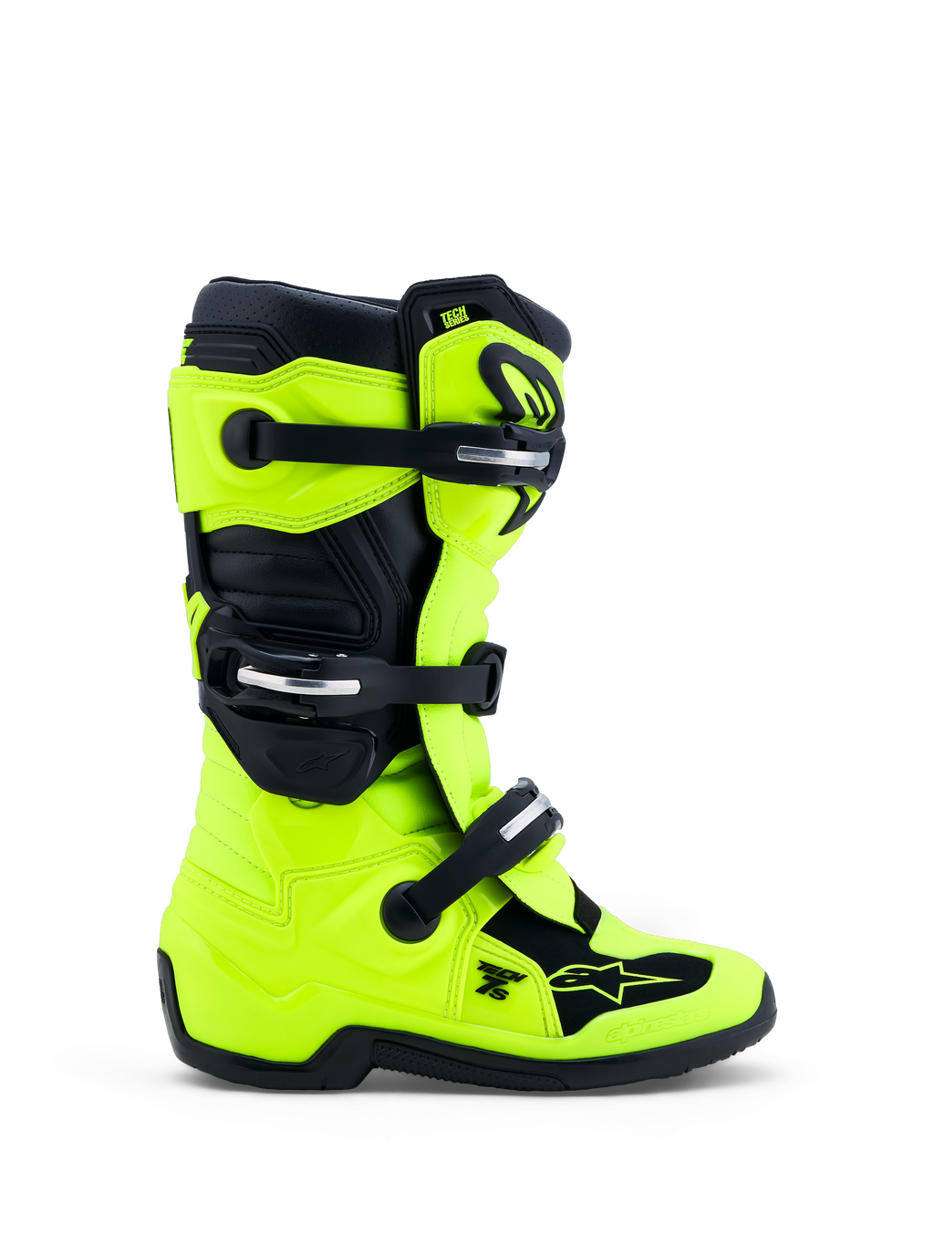 Alpinestars Jeugd Tech 7S laarzen, motocrosslaarzen, fluo geel en zwart, CE-gecertificeerde TPU-bescherming en gespsluitingen.