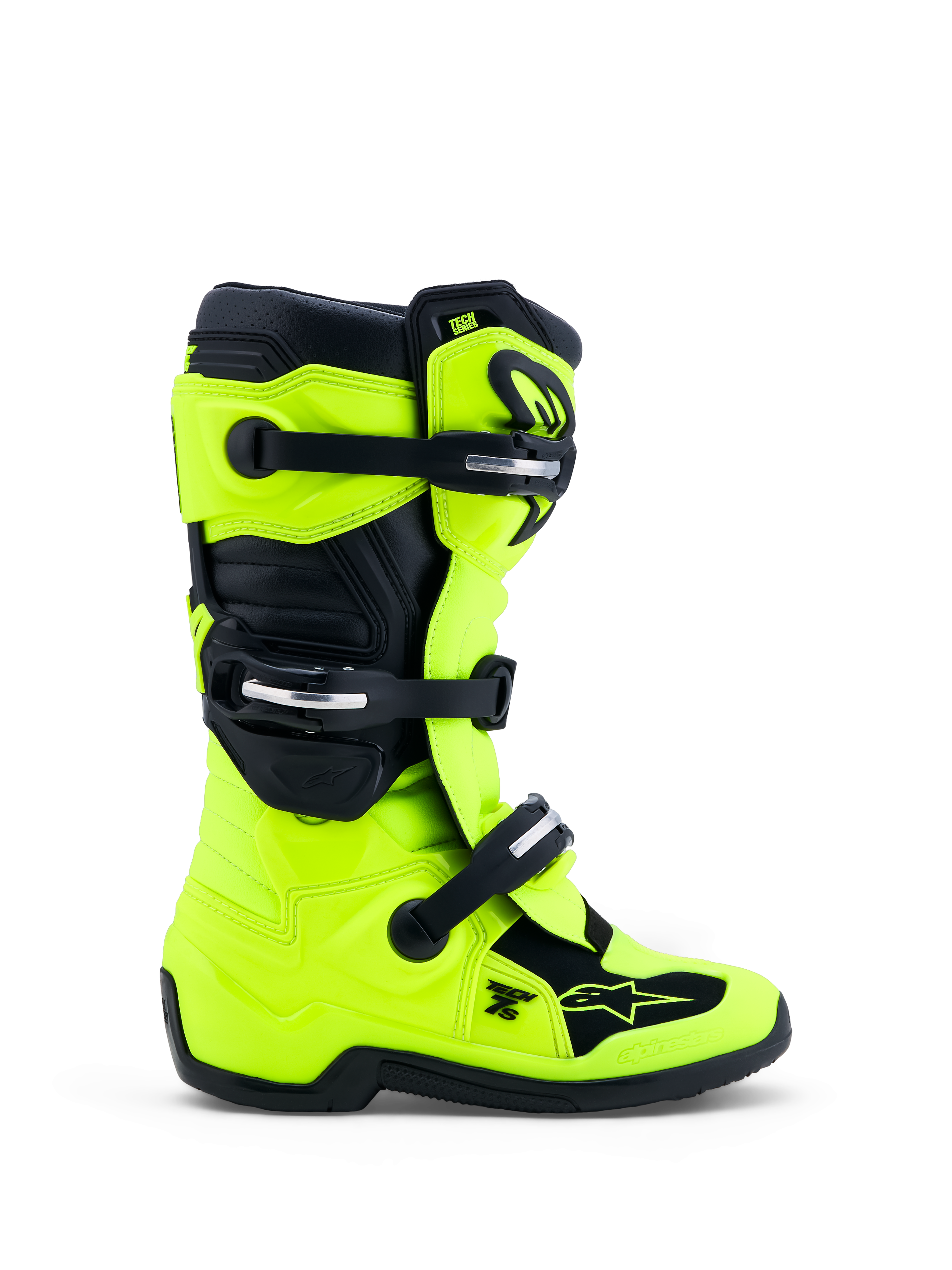 Alpinestars Jeugd Tech 7S laarzen, motocrosslaarzen, fluo geel en zwart, CE-gecertificeerde TPU-bescherming en gespsluitingen.