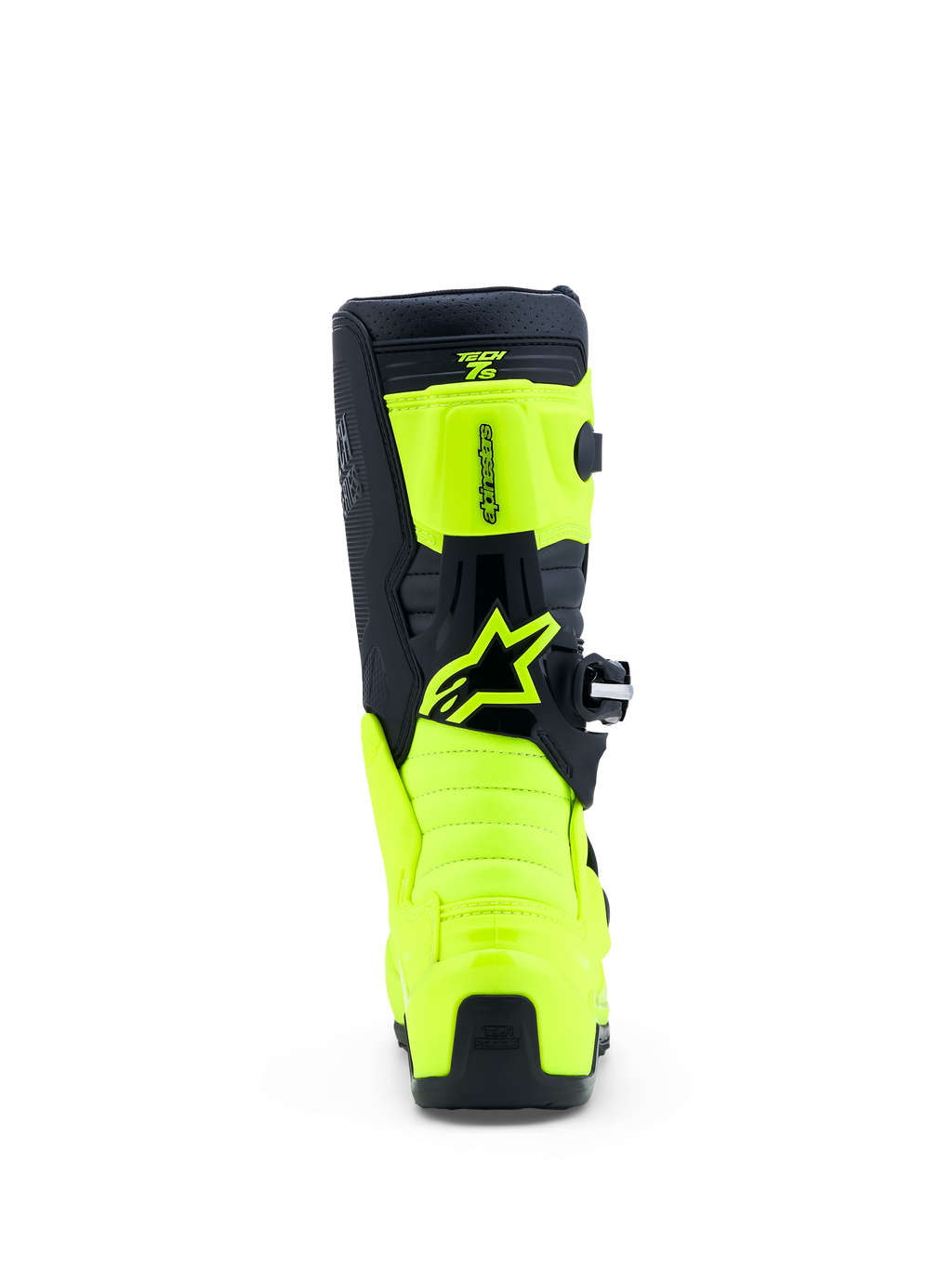 Alpinestars jeugd Tech 7S laarzen, motorcross laarzen, geel fluo en zwart, achterkant met TPU-panelen en Astar-logo.