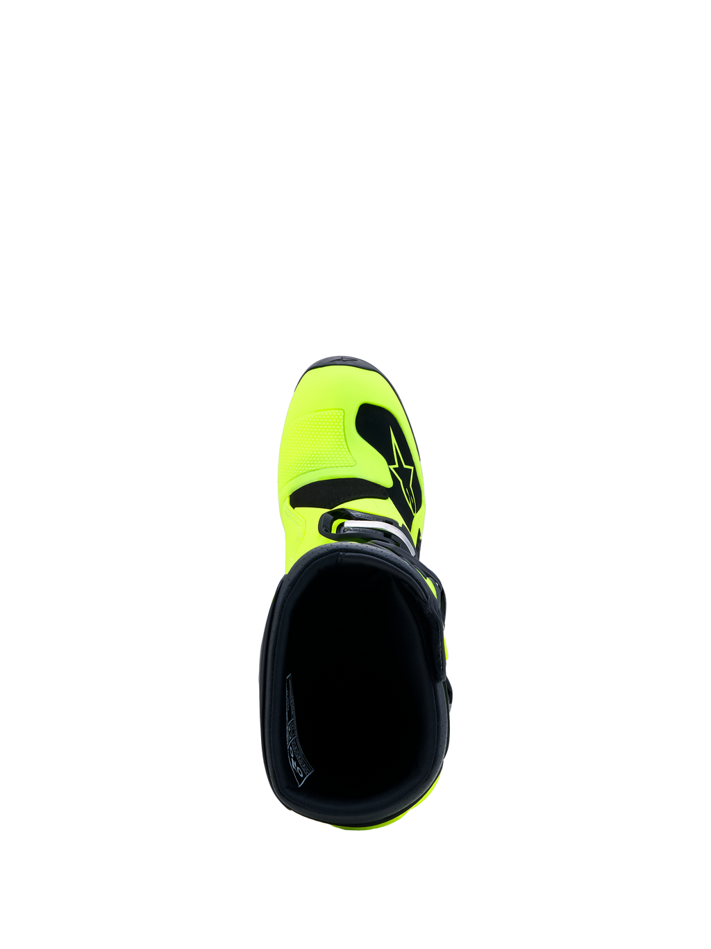 Alpinestars Jeugd Tech 7S Laarzen, geel en zwart, bovenaanzicht van de instap, junior motocrosslaarzen met microfiber gaiter.