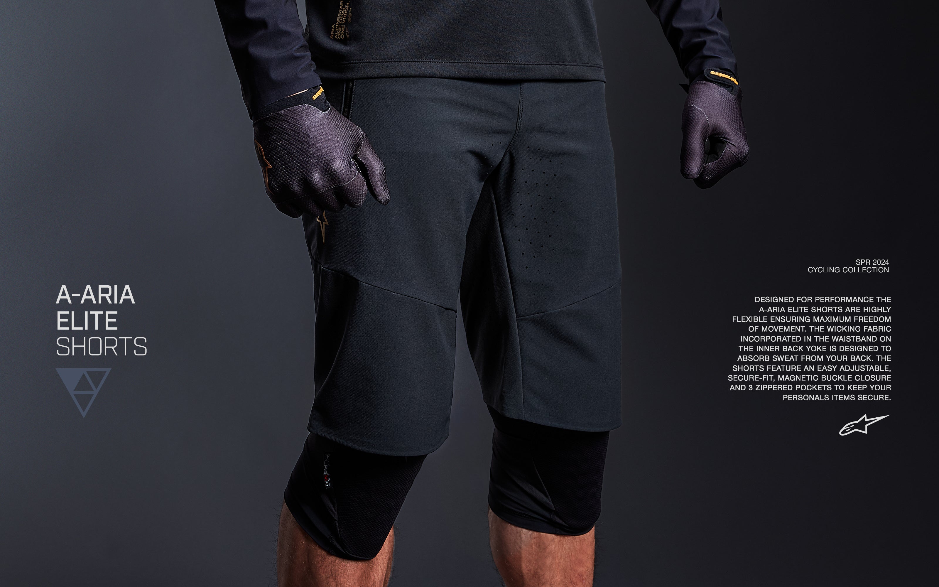 Alpinestars A-Aria Elite Shorts, Men's MTB Cycling Shorts, Black and Dark Gray, flexible performance stretch fabric.