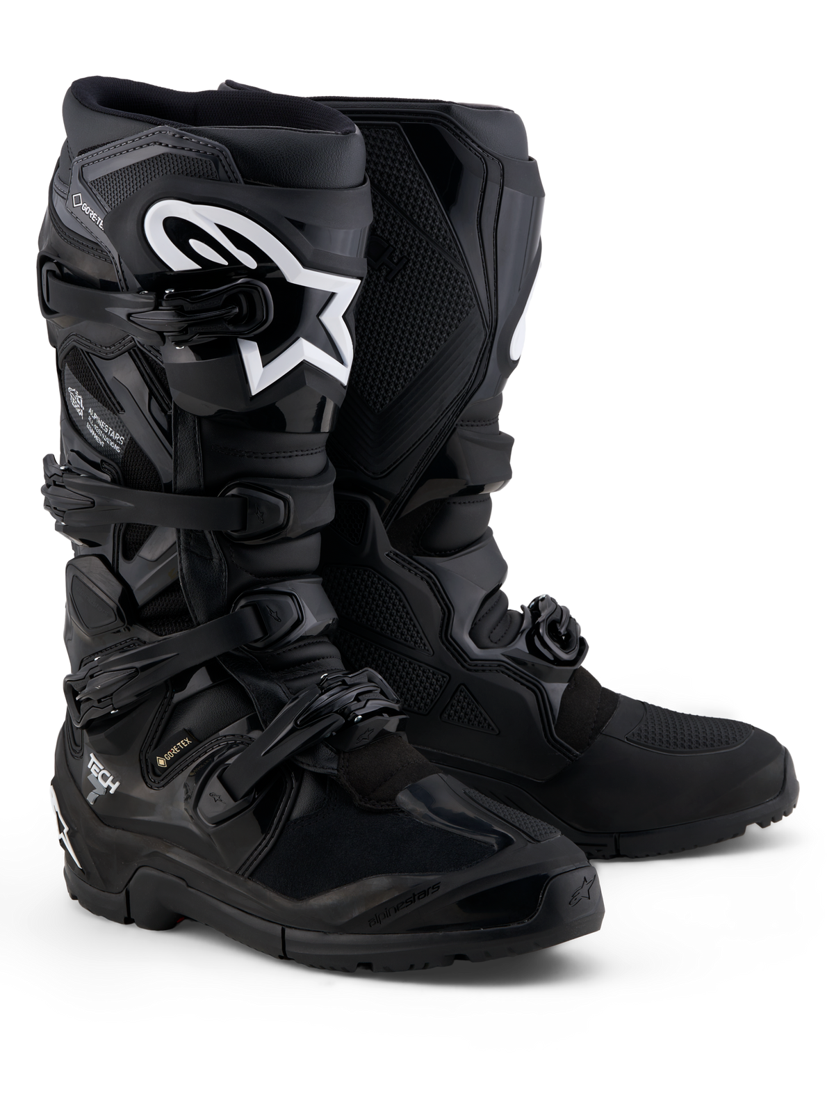 Alpinestars Tech 7 Enduro Gore-Tex laarzen, waterdichte off-road motorlaarzen voor heren, zwart en grijs met wit logo, voorzien van beschermende TPU-constructie en een speciale enduro-zool voor terreinrijden.