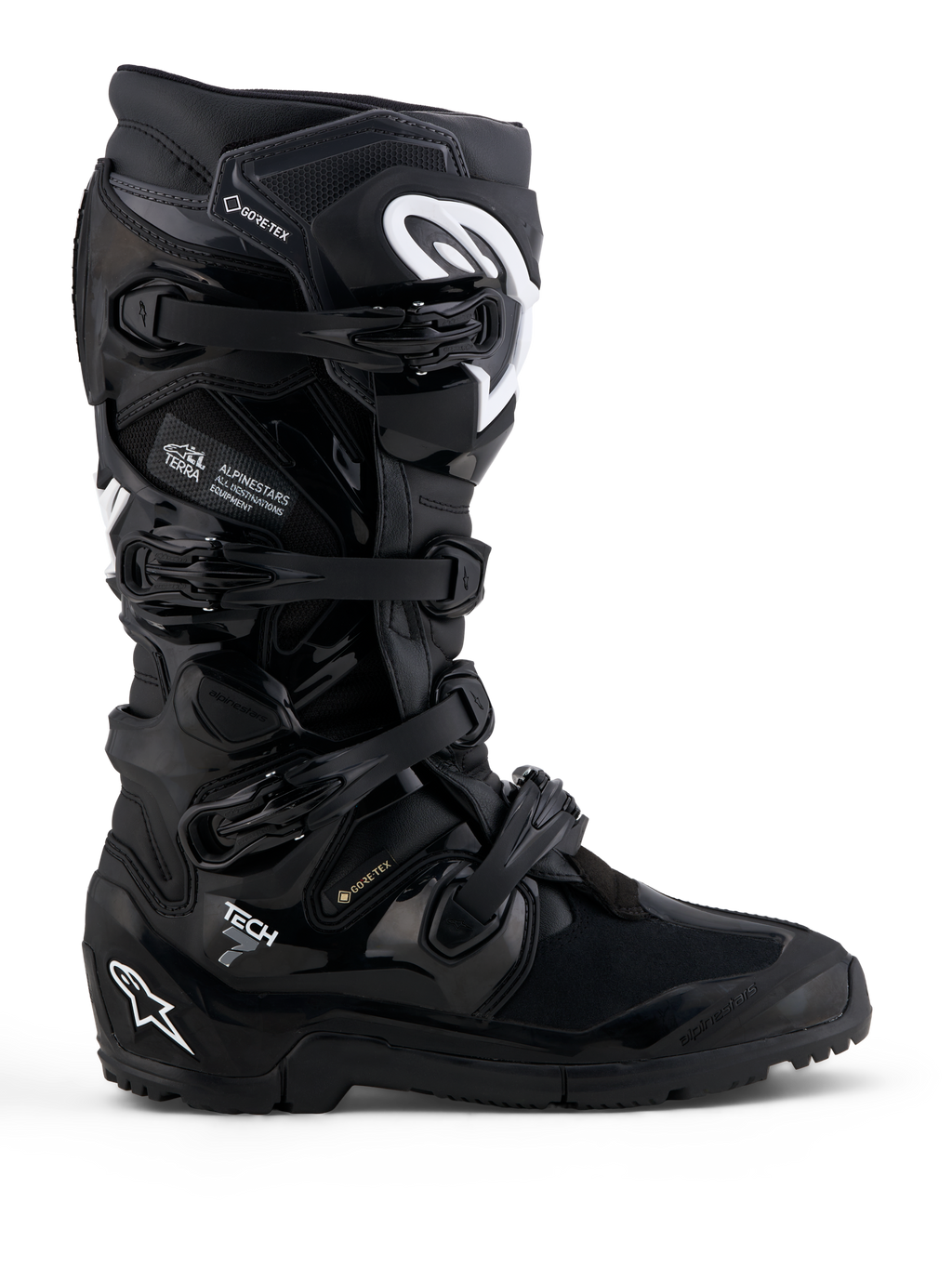 Alpinestars Tech 7 Enduro Gore-Tex laarzen, waterdichte off-road motorlaarzen, zwart en wit, TPU-bescherming, gripvaste zool, CE-gecertificeerd.