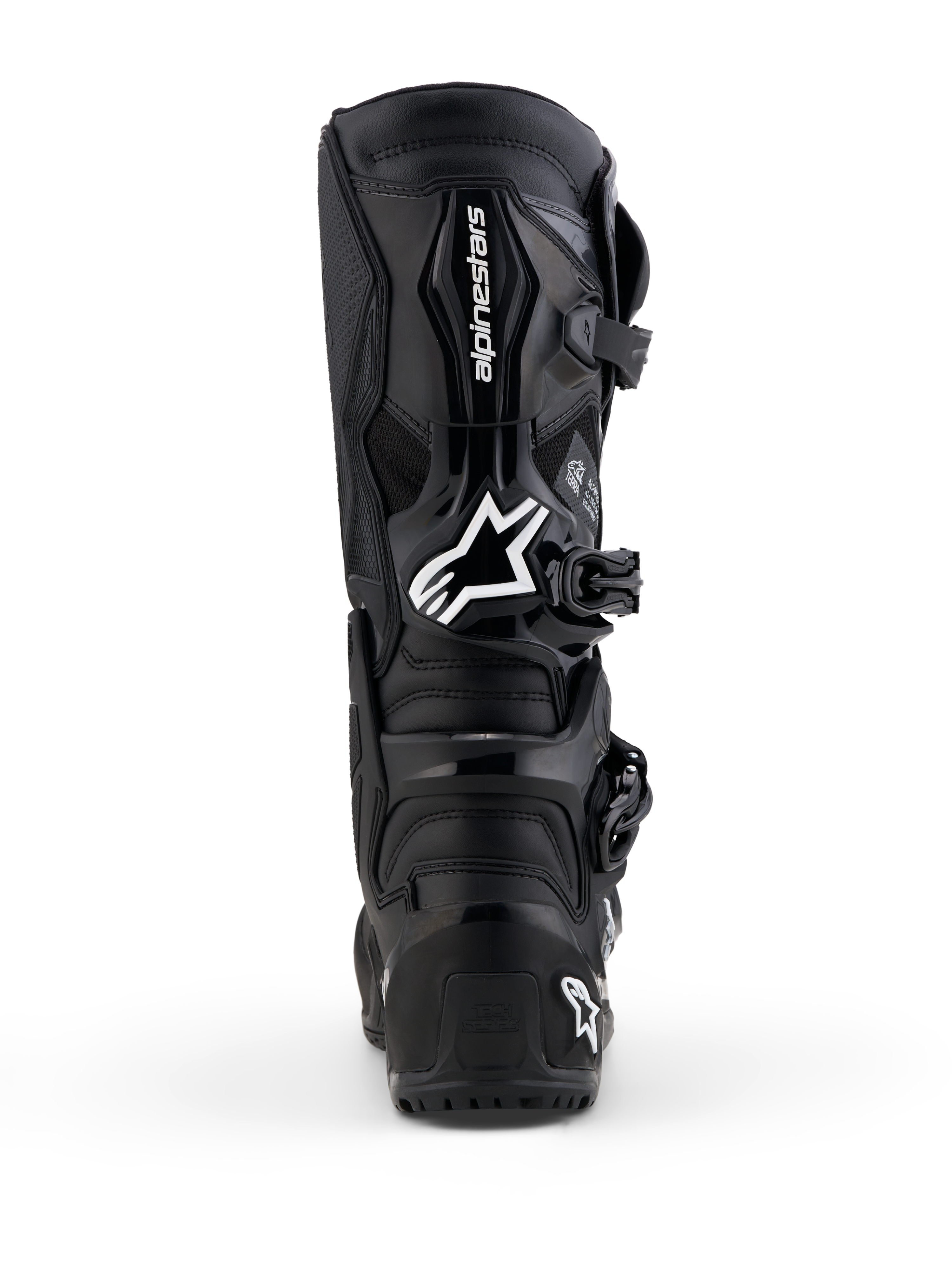 Alpinestars Tech 7 Enduro Gore-Tex laarzen, heren-motorlaarzen voor enduro, zwart en grijs, achteraanzicht met TPU-bescherming.