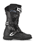 Alpinestars Toucan GORE-TEX laarzen, adventure touring motorlaarzen, zwart, zijaanzicht met dubbele zilveren aluminium gespen, GORE-TEX-branding, versterkte scheenbeschermer met wit logo en robuuste profielzool