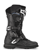 Alpinestars Toucan GORE-TEX laarzen, adventure touring motorlaarzen, zwart, zijaanzicht met dubbele zilveren aluminium gespen, GORE-TEX-branding, versterkte scheenbeschermer met wit logo en robuuste profielzool