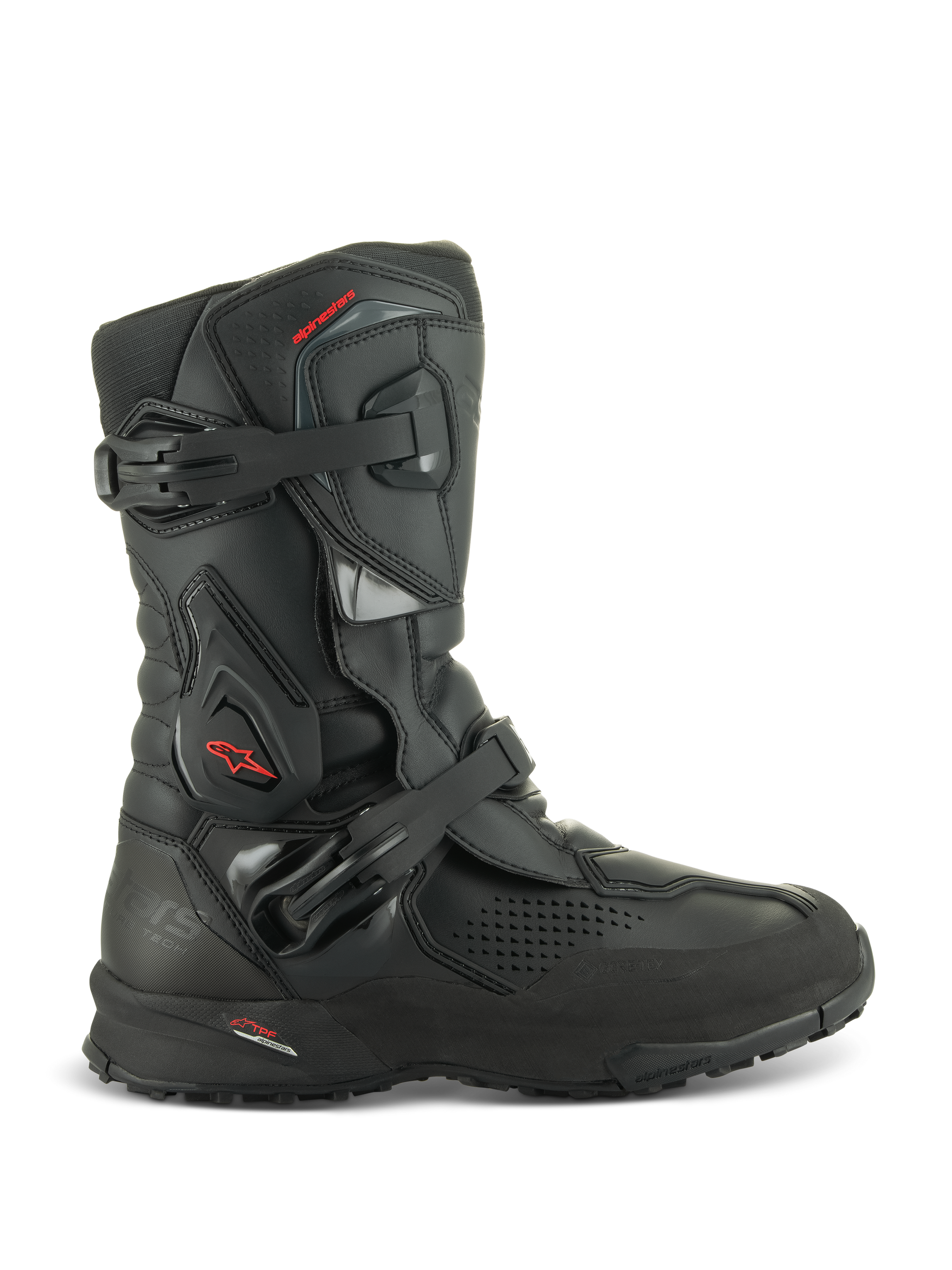 Alpinestars XT-8 GORE-TEX Boots, Black Adventure Enduro Motorcycle Boots, side profile, two buckle fastening system, protective TPU panels, red Alpinestars star logo, rugged lug outsole, waterproof and breathable GORE-TEX membrane