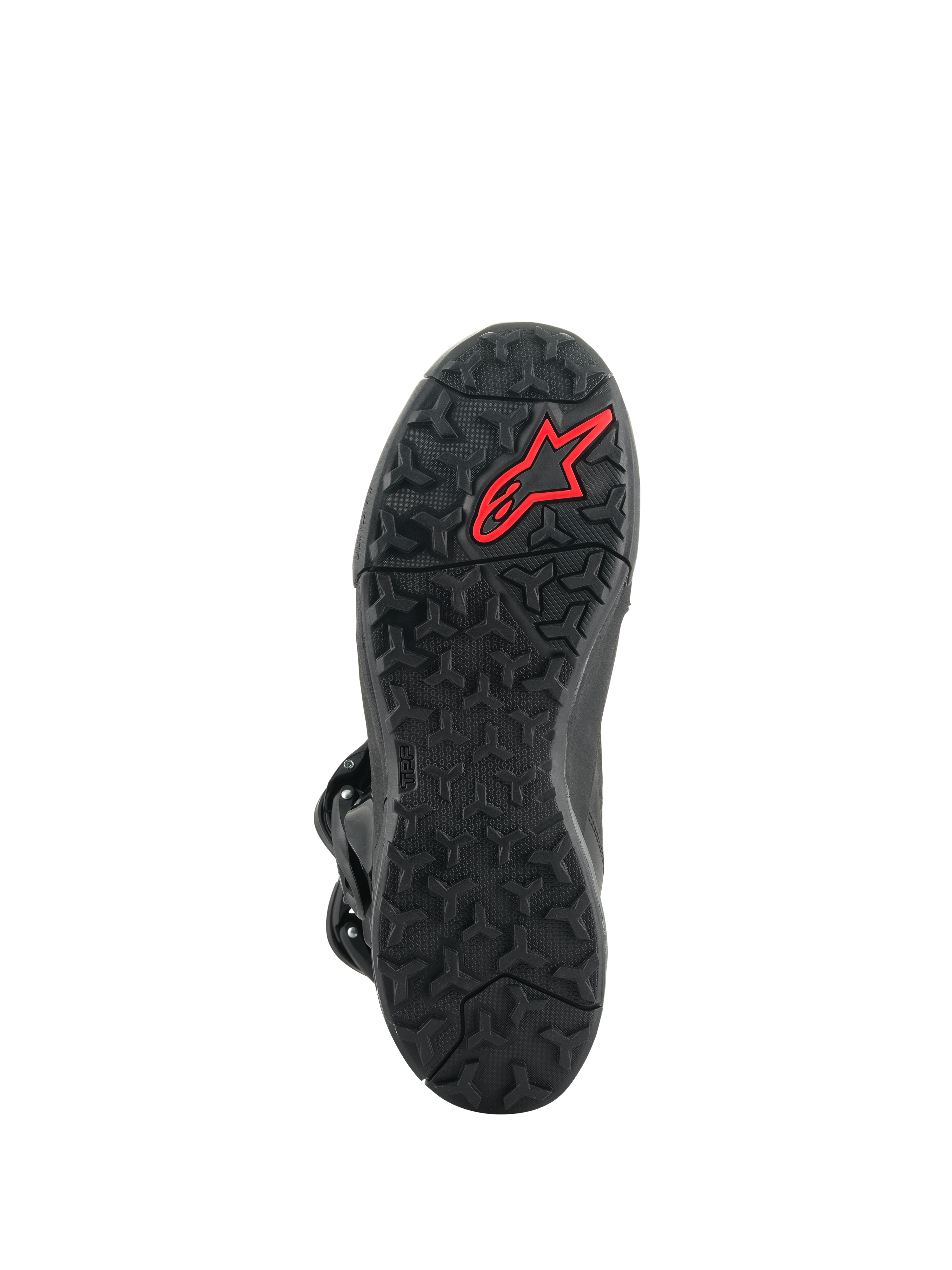 Alpinestars XT-8 GORE-TEX Boots, Adventure Enduro Boots, outsole view, black rubber with an aggressive lug pattern and a red Alpinestars logo, optimized for off-road grip and durability