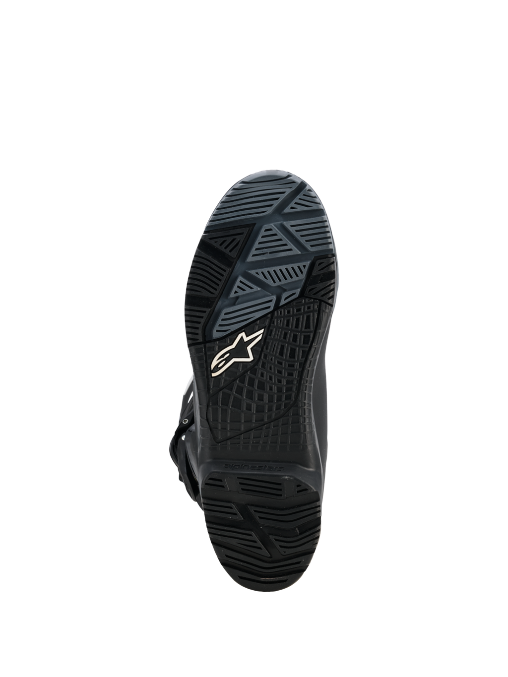 Alpinestars Corozal V2 Adventure Drystar®-laarzen, close-up van zwarte buitenzool van adventure-motorlaars met allterrain-rubberprofiel en Alpinestars-logo