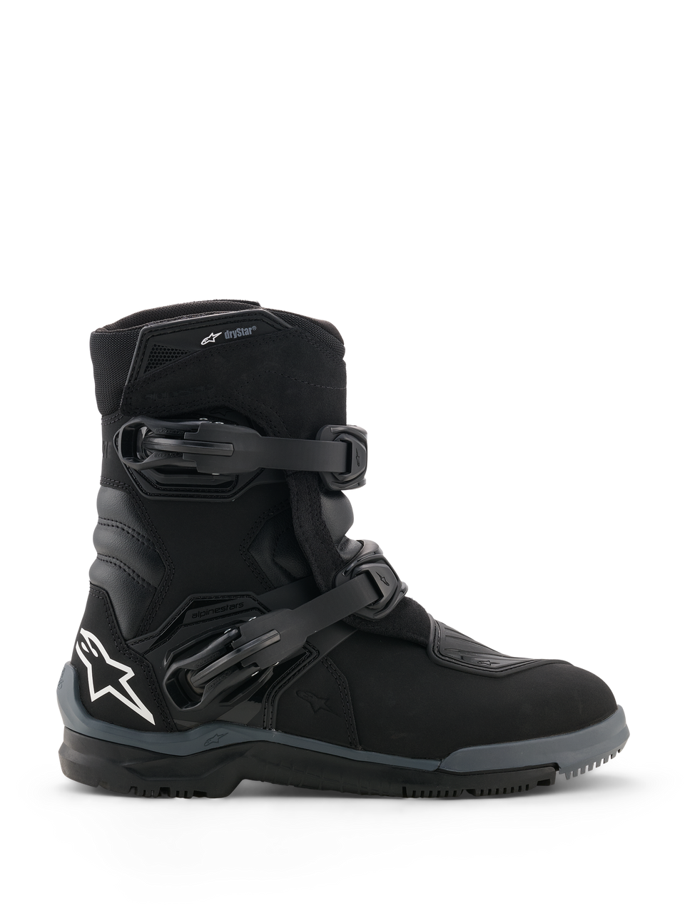 Alpinestars Belize V2 Drystar® Boots, Black Motorcycle Boots, side profile view featuring two adjustable buckle closures, white Alpinestars star logo on the heel, rugged off-road sole, and waterproof design for adventure riding