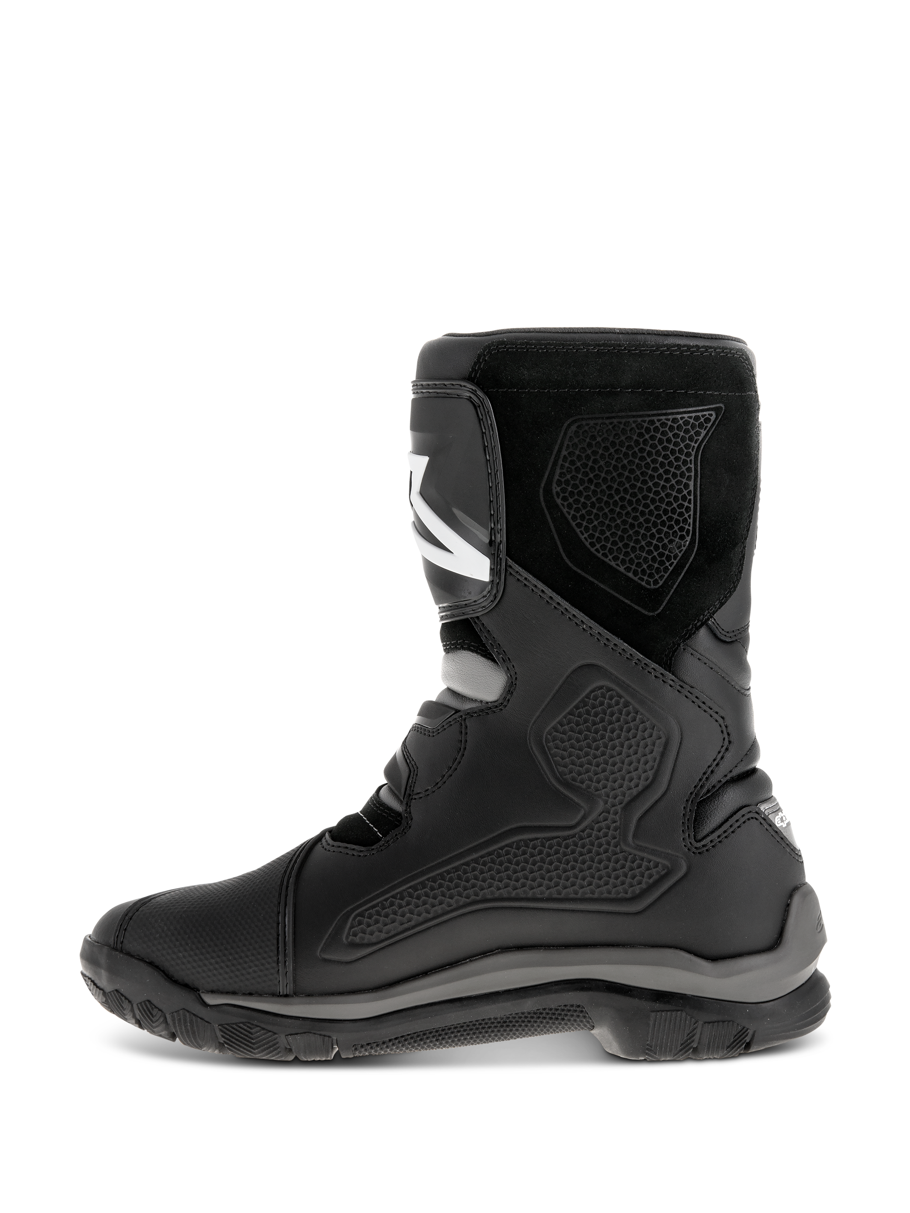 Alpinestars Belize Drystar® Boots, Black motorcycle boots, side profile view showing leather construction with TPU protection panels, suede texture, and a rugged vulcanized rubber outsole for adventure touring