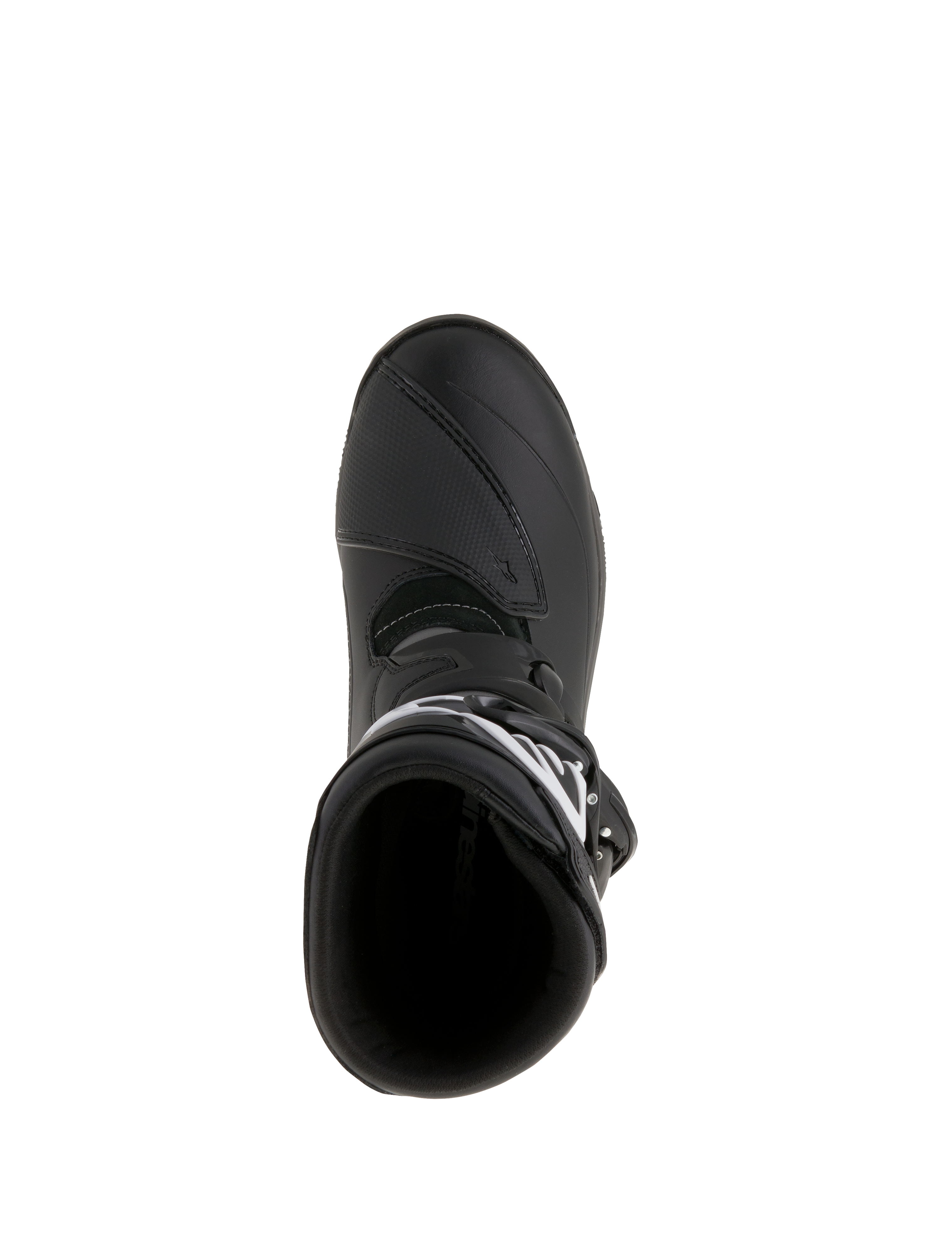 Alpinestars Belize Drystar® Boots, Adventure Touring Motorcycle Boots, Black, top-down view showing the entry aperture and reinforced shift pad, waterproof leather and microfiber construction